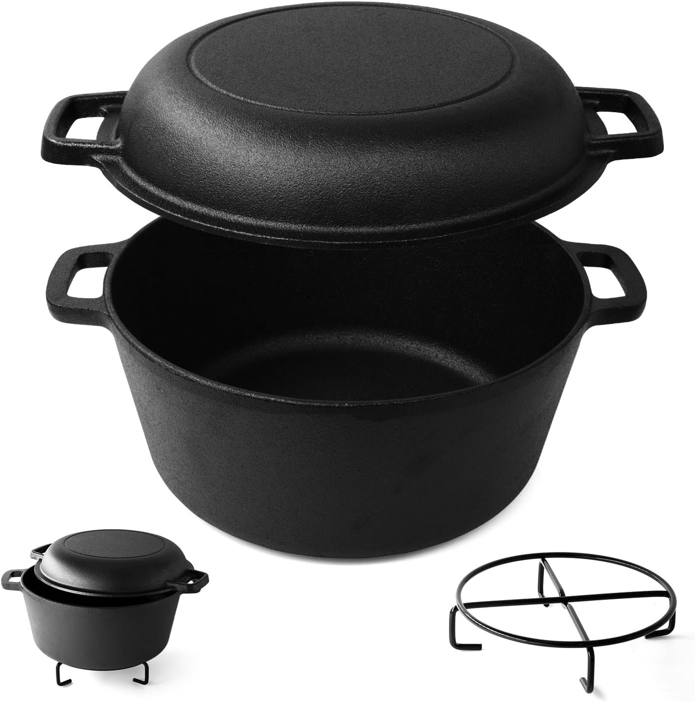 Joeji'S Kitchen Dutch Oven 4.7L Pre-Seasoned Cast Iron Pot with 1.75L Multiuse Lid Suitable for Oven & All Hob Types - 2 in 1 Cast Iron Dutch Oven Pot for Bread Making Braising Meat Simmering Stew & More image number 4