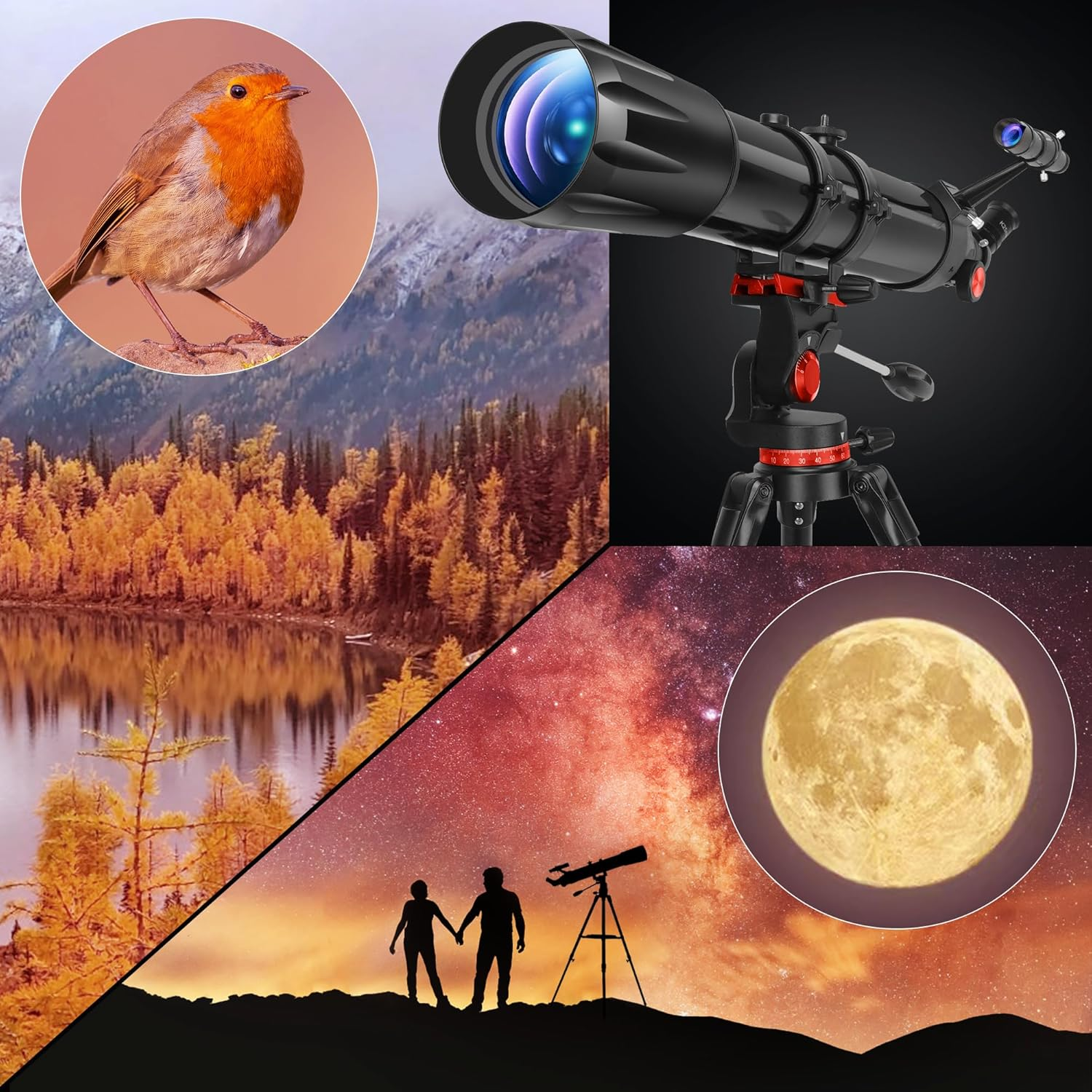 Telescope,Telescope for Adults High Powered, 90Mm Aperture 900Mm Professional Refractor Telescopes for Kids & Beginners, Magnification 450X,For Planet Observation with Stainless Tripod & Phone Adapter image number 6