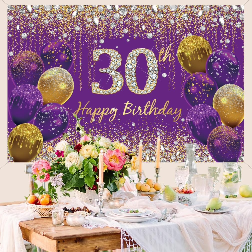 30Th Birthday Decoration Women, Purple Fabric Happy Birthday Sign Poster, Birthday Party Decoration, 30Th Birthday Background Banner Women, 30Th Birthday Party Backdrop, 59''X35.4'' image number 4