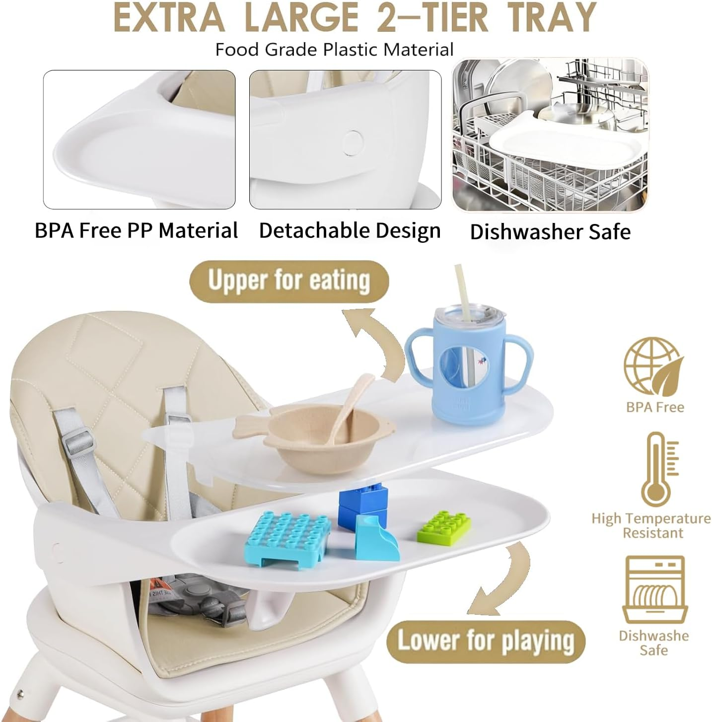 6 in 1 Baby High Chair, Convertible Wooden High Chairs/Booster Seat for Babies and Toddlers, Baby Feeding Chair with 5-Point Harness/Double Removable Tray & Adjustable Footrest (Beige) image number 6