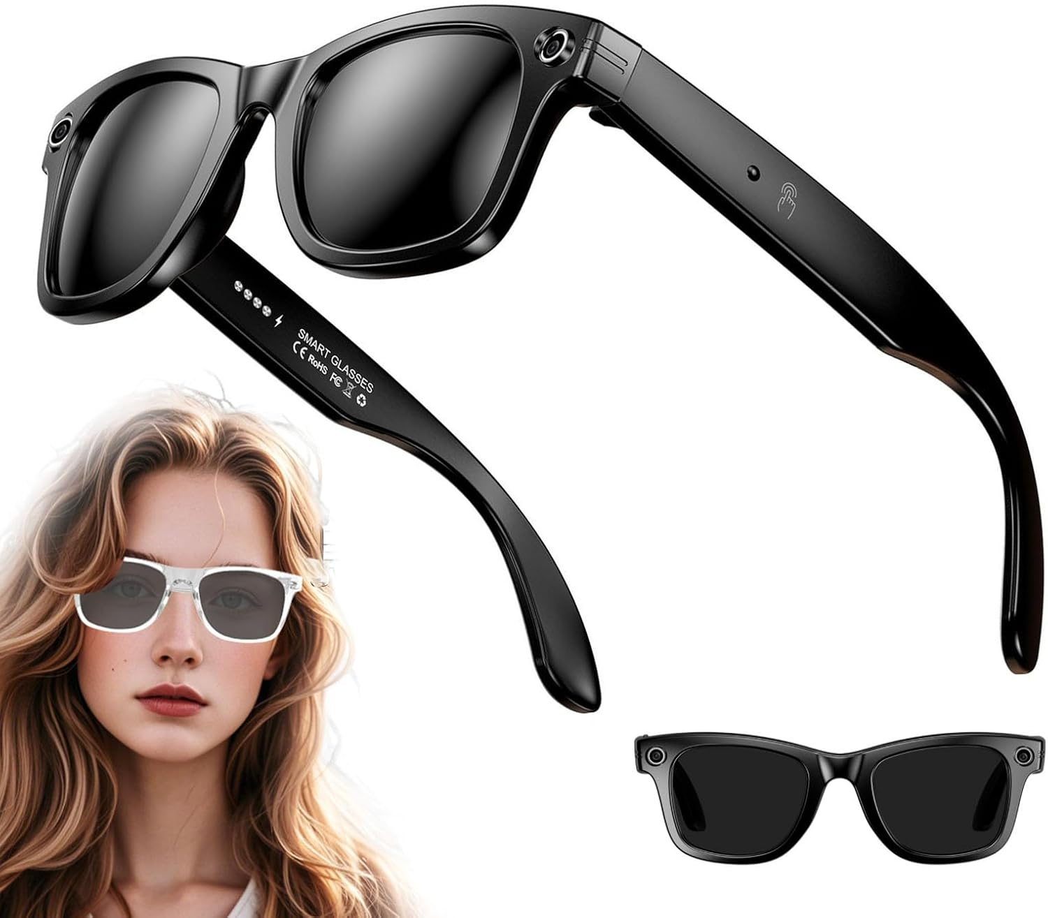 Ai Smart Glasses 8Mp Camera Glasses with Music & Call Features, Smartglasses Video Recording, Ai Smart Sunglasses with Camera and Bluetooth for Men/Women (Black)