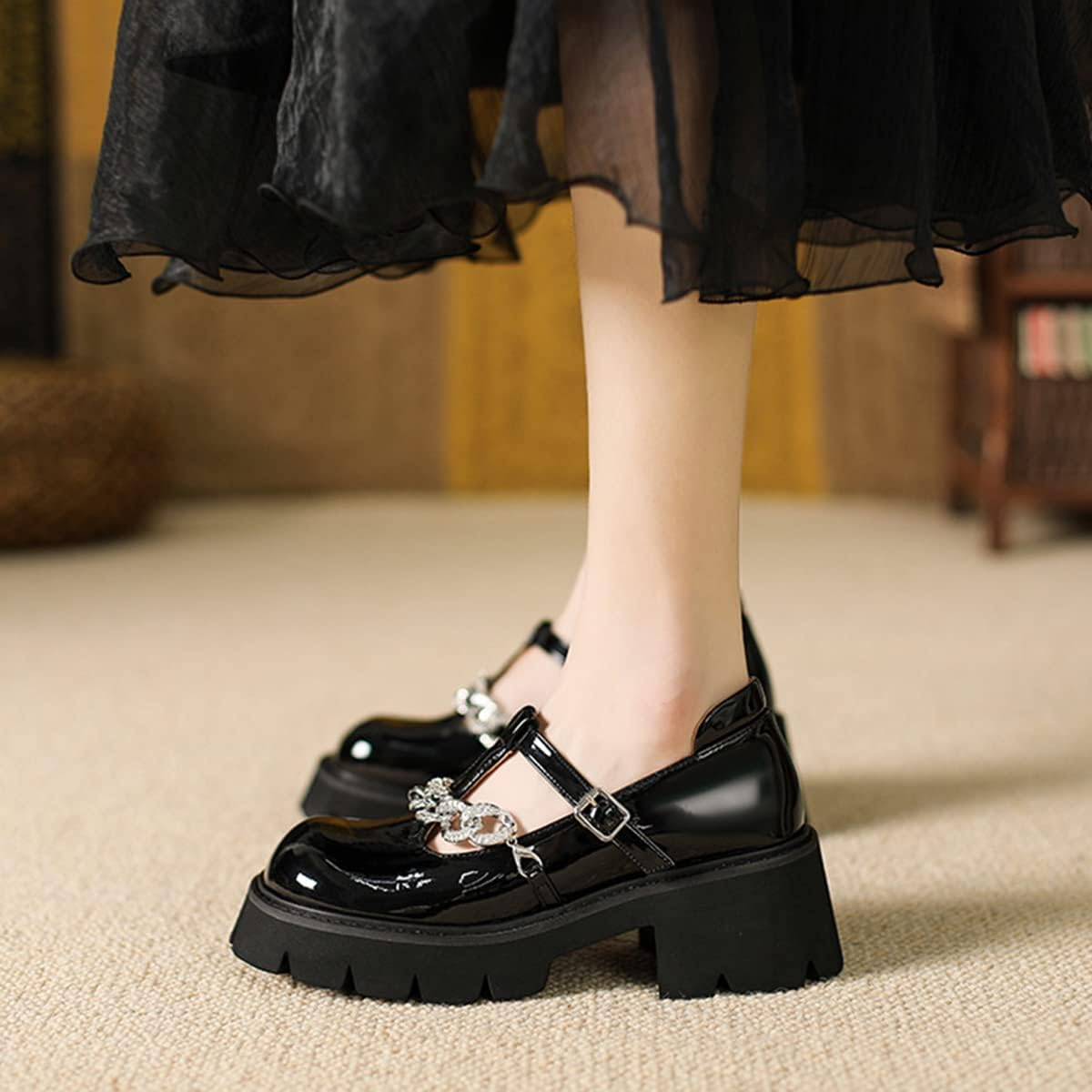 Galindopia Women Fashion Platform Loafers Lug Sole Slip on Square Toe Mary Jane image number 5