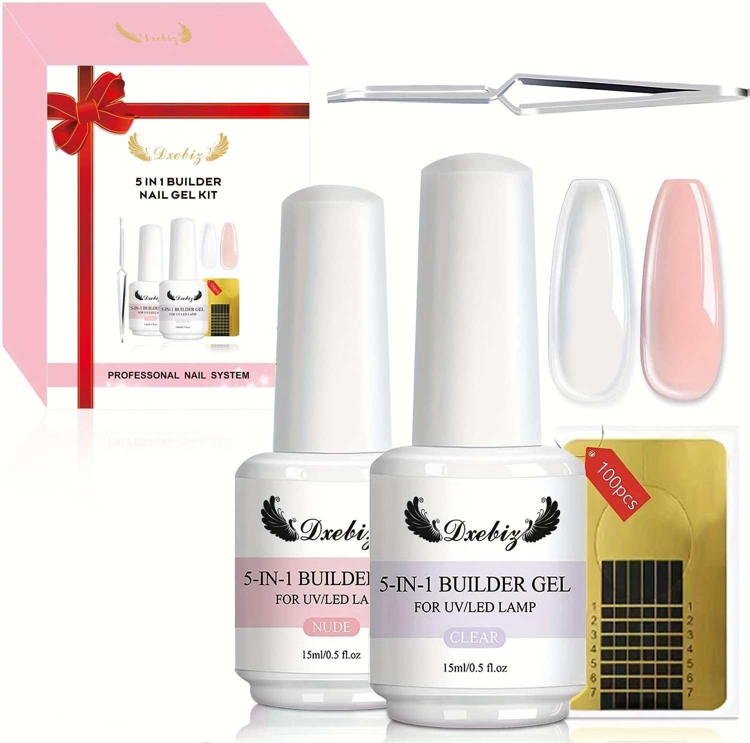 Hotolove 5-In-1 Builder Nail Gel Set - 2 Colors 15ML Builder Nail Gel Set for Nail Extension, Nail Repair, Reinforcement, Sticking Diamonds & Nail Art Design