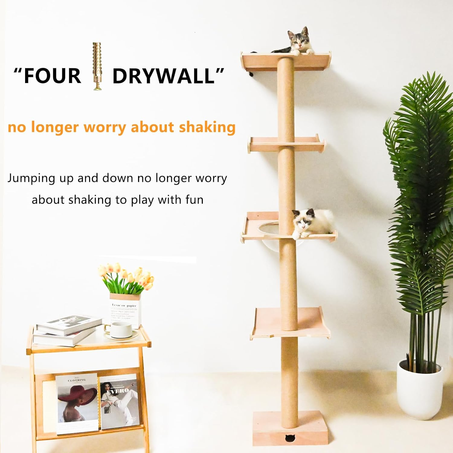 Cat Tree with Hammock, Tall Wall Mounted Wood Scratching Post for Indoor Cats Climbing Activity Tower (Single)