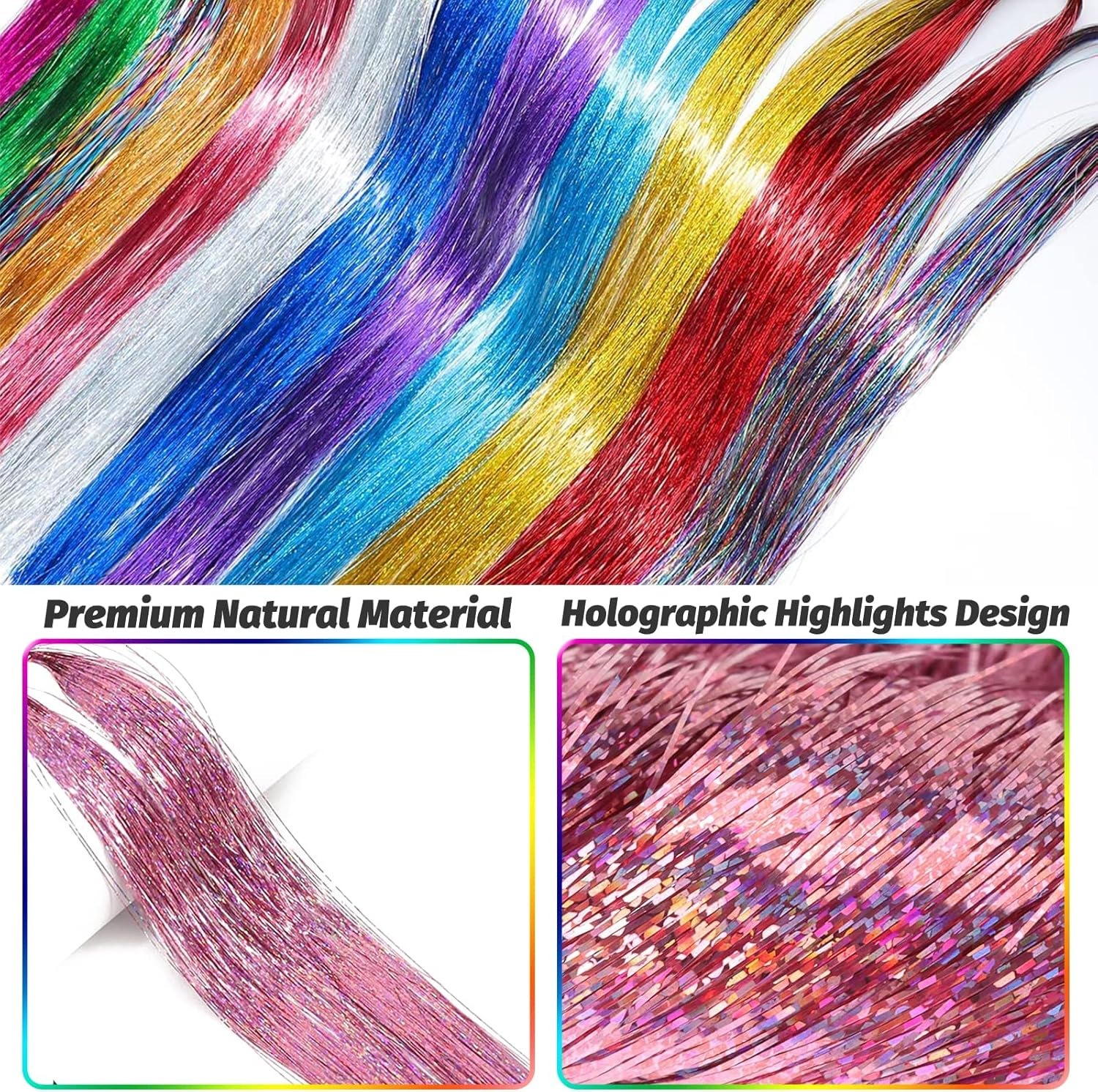 Hair Tinsel Extensions 1200 Strands &ndash; 47Inch Long Sparkle Glitter Hair Highlights, Holographic Fairy Shiny Tinsel Extensions for Women &ndash; Party, Festival and Christmas Hair Decorations (Pink) - Pink image number 3