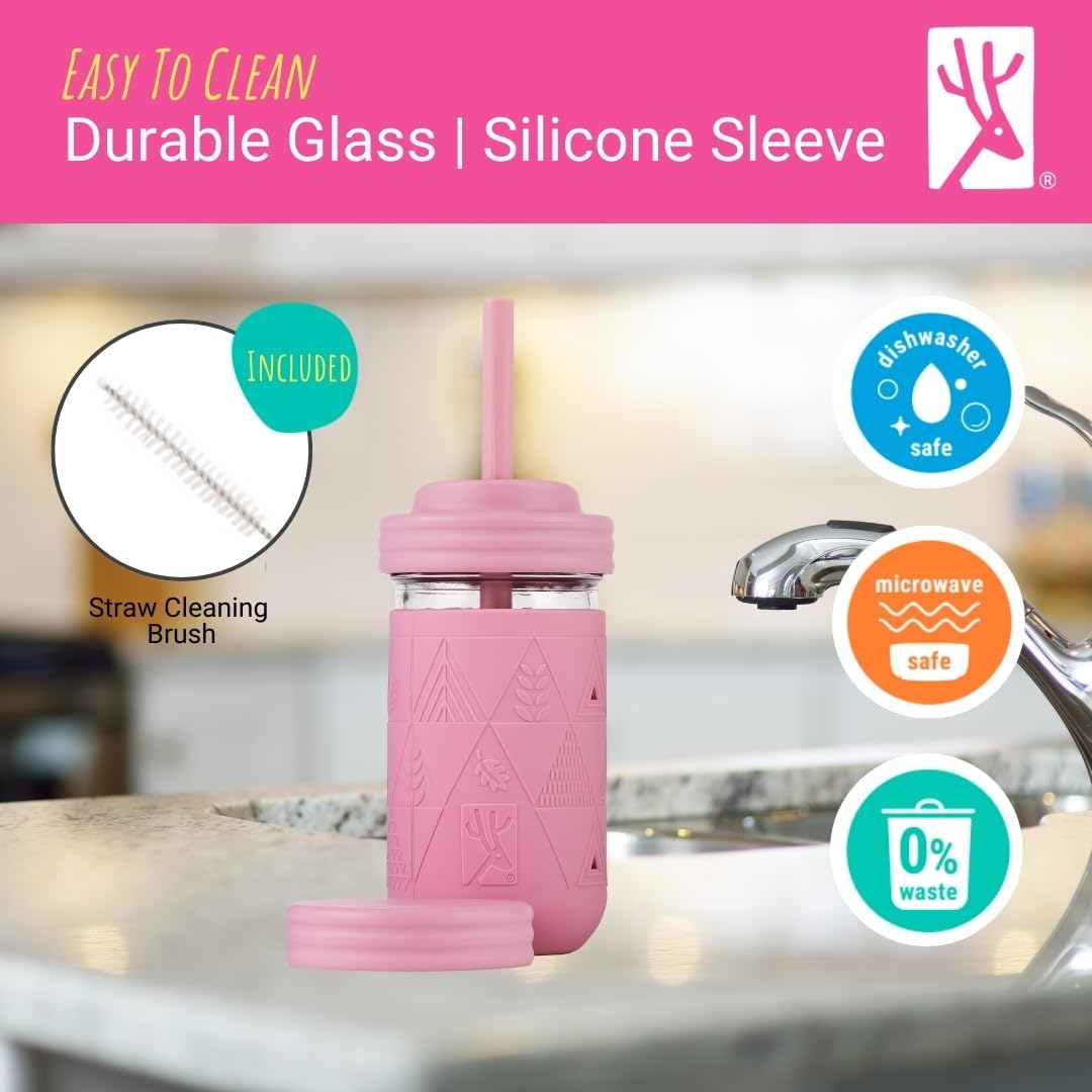 Elk and Friends 12Oz Glass Kids + Toddler Drinking Cups | the Original Mason Jars with Lids + Sleeves + Straws | Smoothie Cups | Spill Resistant | Dishwasher Safe | 4 Pack