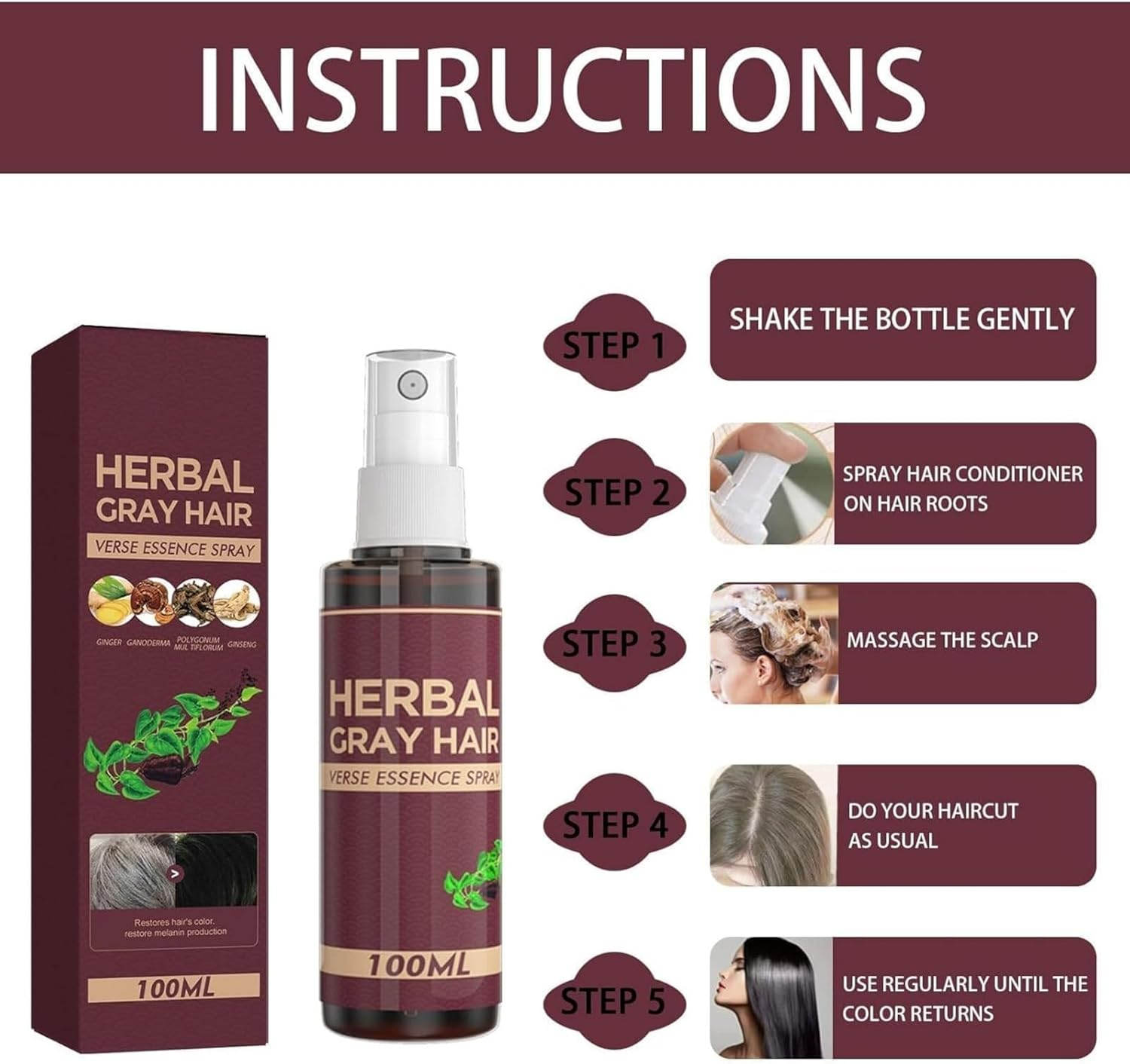 Hair Darkening Conditioner, 100 Ml Herbal Hair Coloring Essence Spray, Herbal Grey Hair Reversal Spray, for Natural Color Revival & Grey Hair Reversal (2Pcs) image number 2