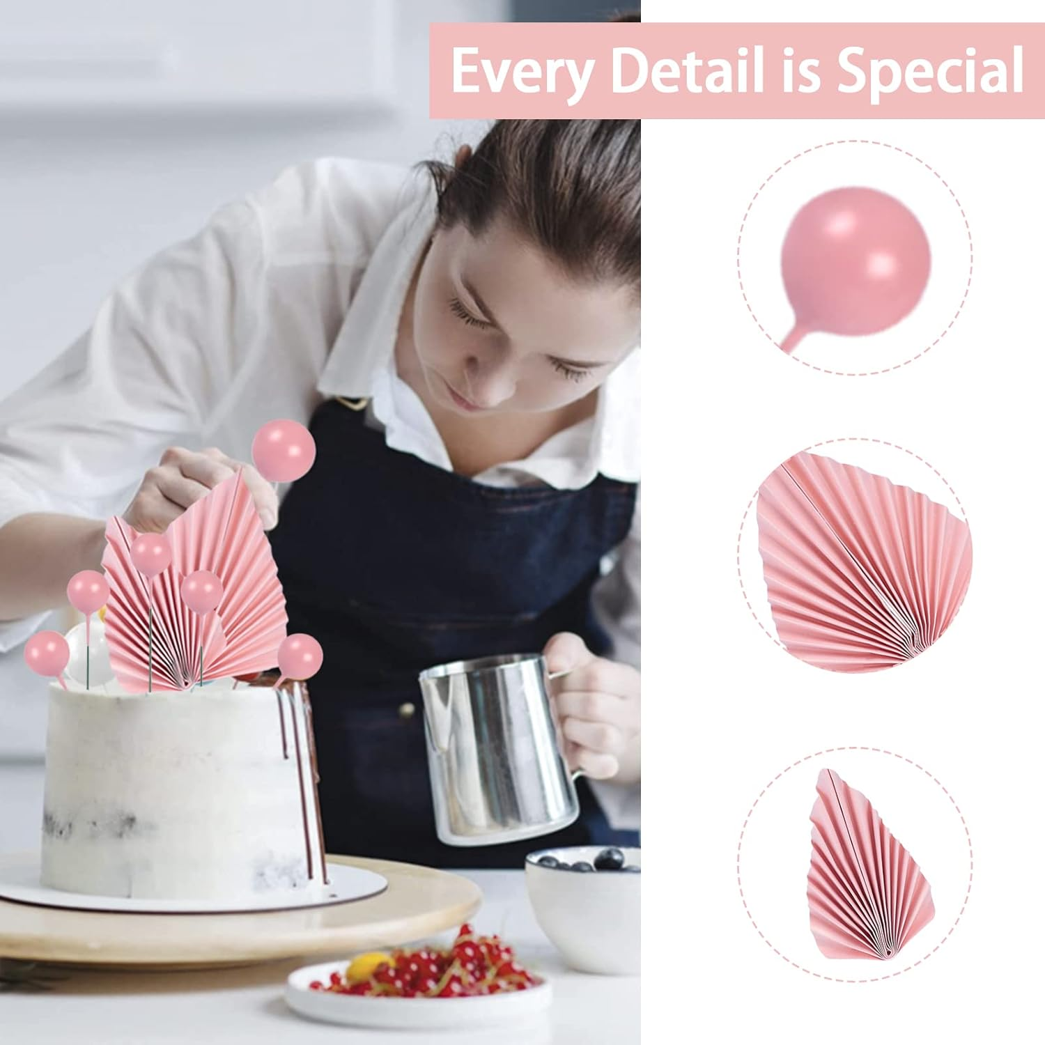14 Pcs Pink Paper Cake Decorations Include 4 Pink Leaf Cake Topper DIY and 10 round Ball Cake Insert Decoration Birthday Cake Ornament image number 5