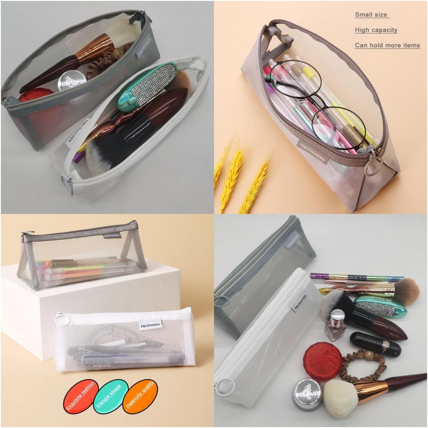 Mesh Cosmetic Bag Portable Clear Makeup Bags Mesh Zipper Pouch for Home Office Travel Accessories Organizer (2PCS White & Grey), Triangle-White-Grey-Black, S, [Value Pack] Package Includes 3