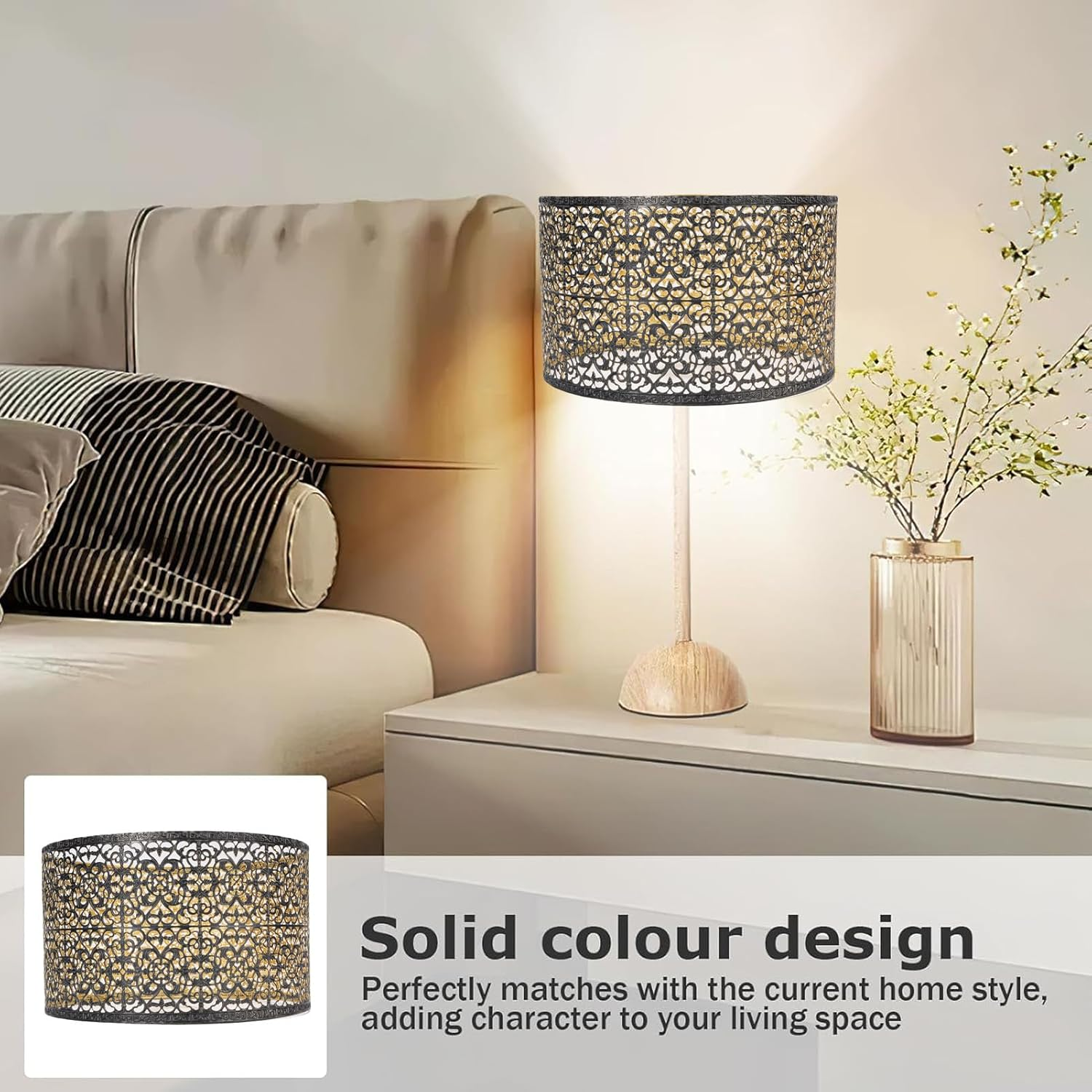 Metal Lampshade, round Lamp Shade Fits Both E27 and E14 Bulb Bases, Elegant Black and Gold Drum Lampshade with Hollow Carved Pattern for Table Lamps, Floor Lamps, Pendants image number 6