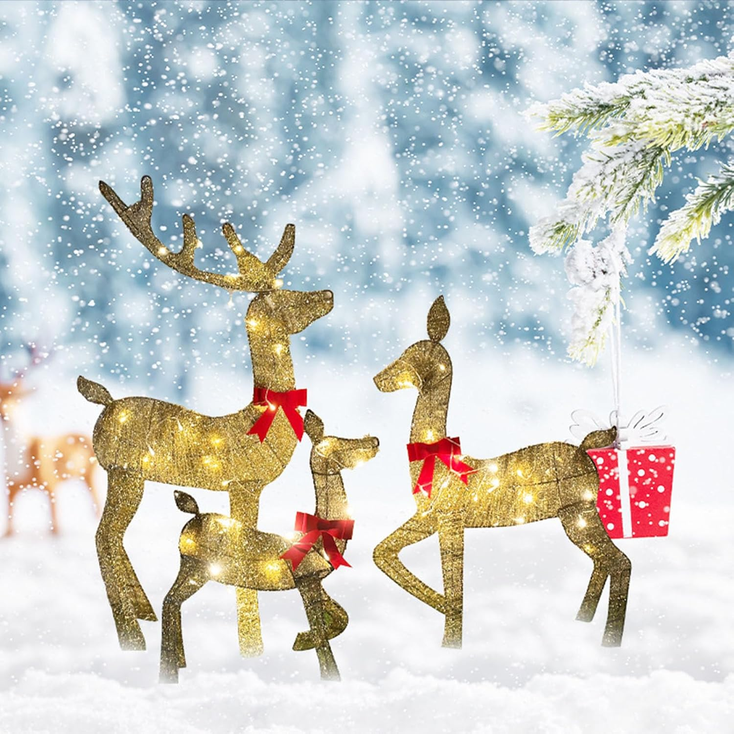 3 Pieces Lighted Christmas Reindeer, Lighted Christmas Deer Family Set, Outdoor Yard Reindeer Holiday Decoration with LED Lights, Christmas Decoration for Lawn Yard Garden