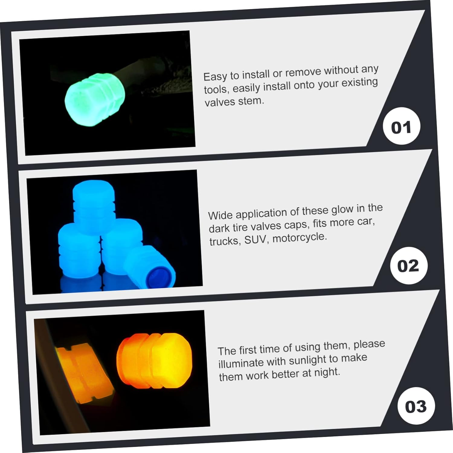 SHERCHPRY 24Pcs Universal Fluorescent Tire Valves Caps Glow in the Dark Car Tire Caps Stem Covers for Automotive Wheels Nighttime Visibility and Decoration image number 3