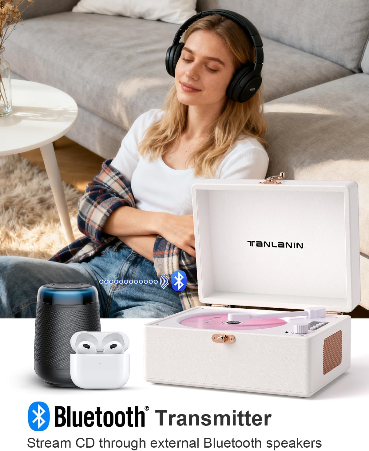 Vintage Desktop CD Player with Speakers, Rechargeable Battery, Portable Retro Suitcase CD Player for Home with Bluetooth Out & Input, USB Playback, Aux-In, Headphone Jack, White image number 3