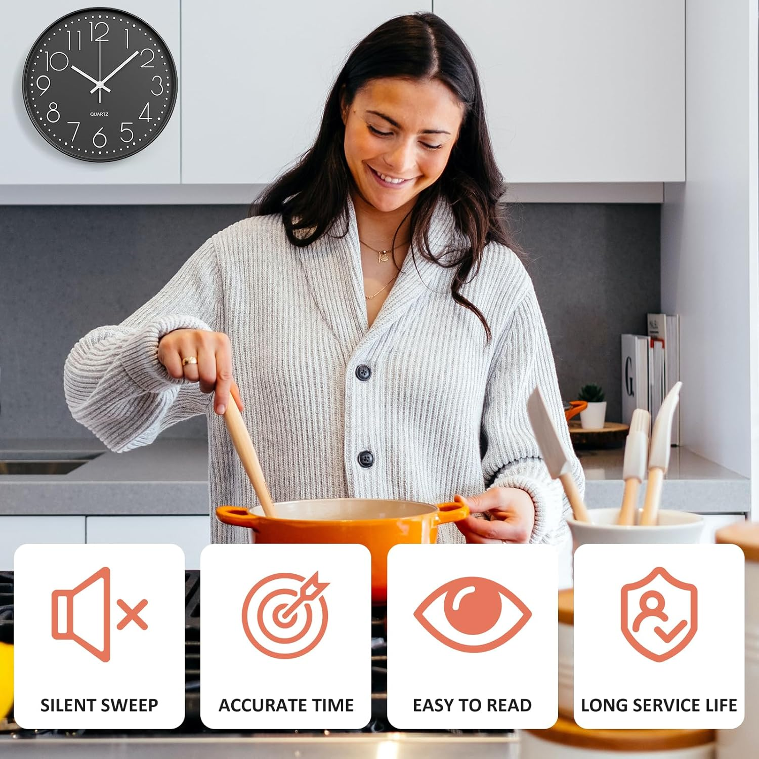 LEFAFA Wall Clock, 12 Inch Silent Non Ticking Wall Clocks Battery Operated, round Easy to Read, Silent Wall Clock for Bedrrom Living Room Kitchen School Office Home Decor (Black) image number 5