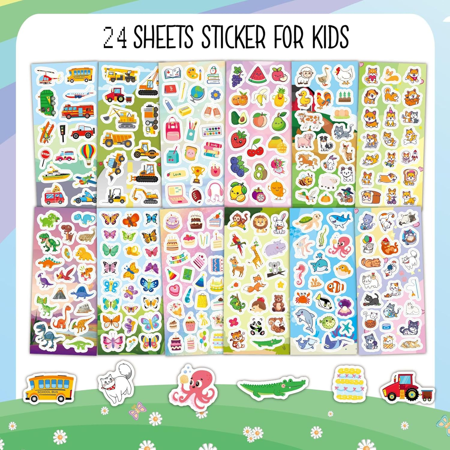 460Pcs Stickers for Kids, 24 Sheets Mixed Water Bottle Vinyl Stickers Pack for Kids with Cute Animals, Cars,Excavator,Stationery, Fruit, Poultry, Dog, Dinosaur, Butterfly, Cake, Ocean, Cat Sticker image number 2