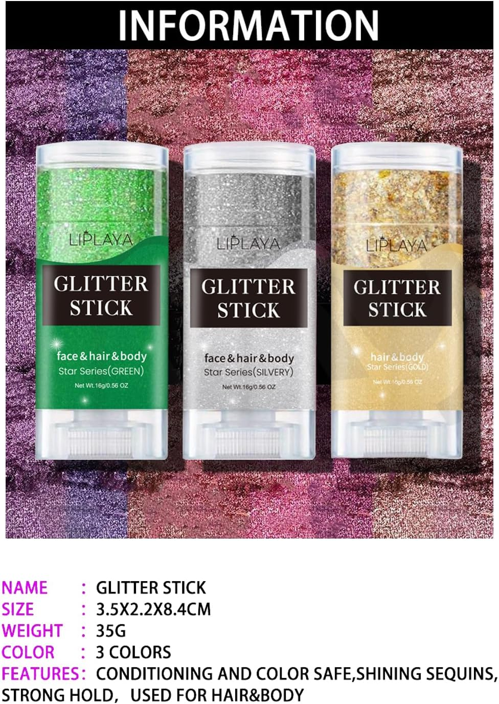 Enmart 2 Colors Body Glitter Stick, Sequins Glitter Gel Cream Face Paint, Nails Shimmer Cosmetic Long Lasting Diamond Liquid Sparkling Music Festival Art Rave Makeup for Body Face Eye Hair Lip, 16G - C001 image number 3