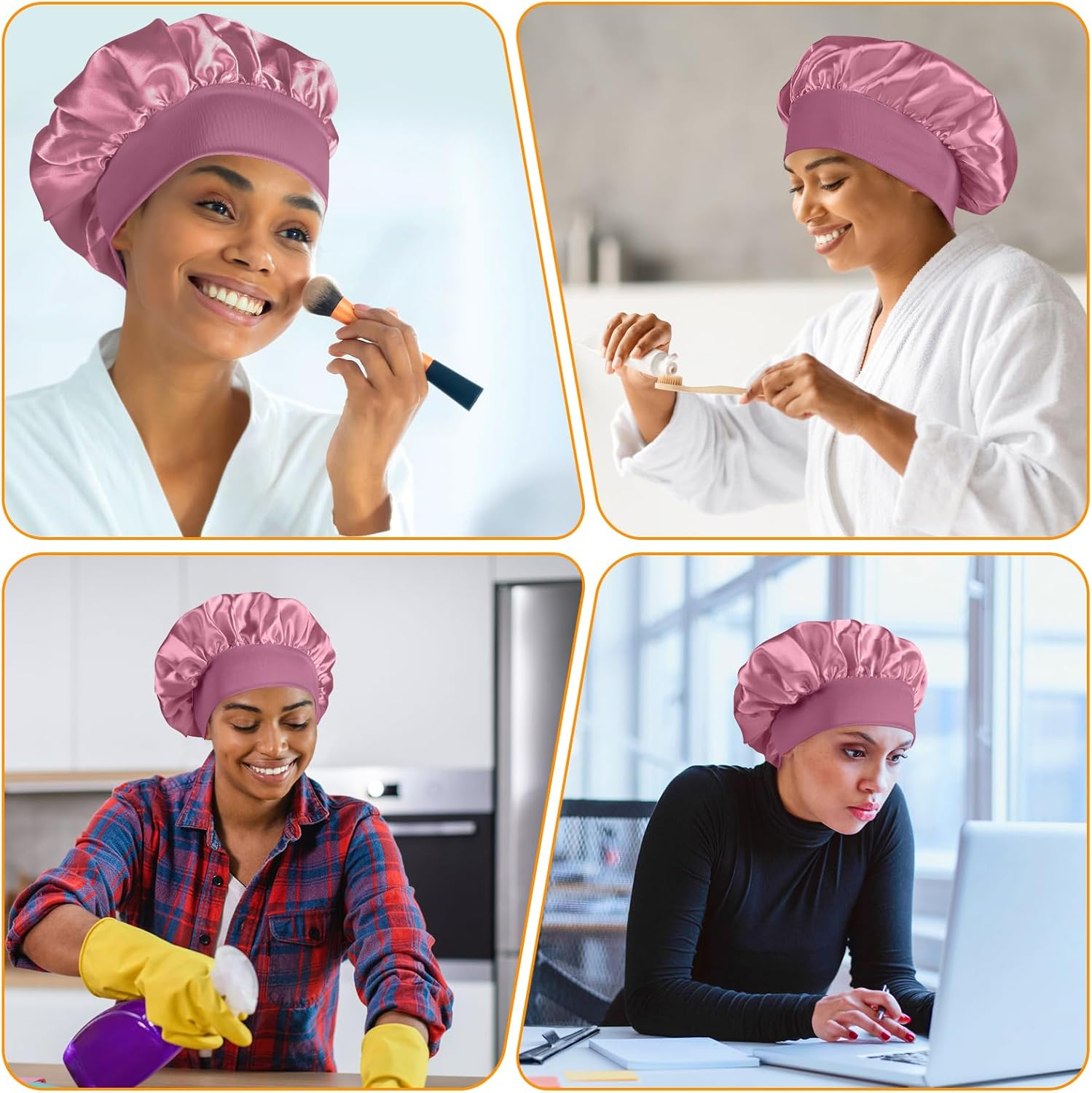 Silk Hair Bonnet Sleeping Bonnet Hair Wrap Wide Elastic Band Satin Cap for Women Men Elastic Soft Cap Headwear - Pink image number 2