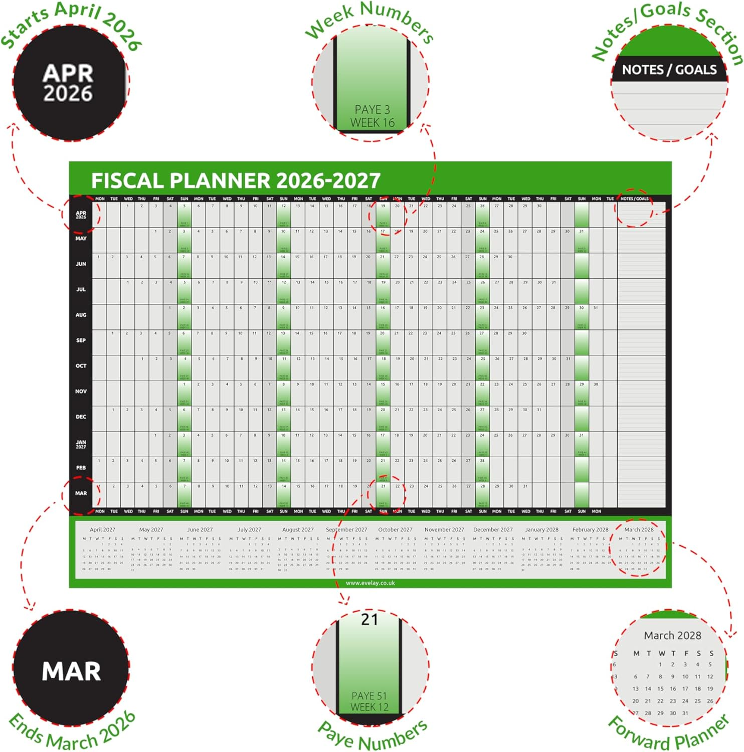 2026 2027 Wall Planner - Fiscal Calendar A1 Size (84Cm X 59Cm) - Full Year to View for Home Office Work School image number 6