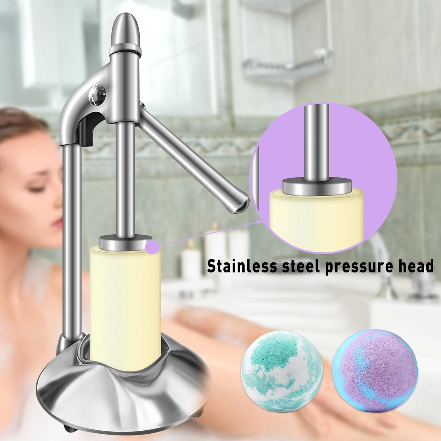 Dsyisvia Stainless Steel Bath Bomb Press Machine with Bath Bomb Mold Set，Mold & Bath Bombs Press for DIY Making Supplies， for Crafting Handmade Spa Fizzy Bath Bombs, DPS-1, Silvery image number 1