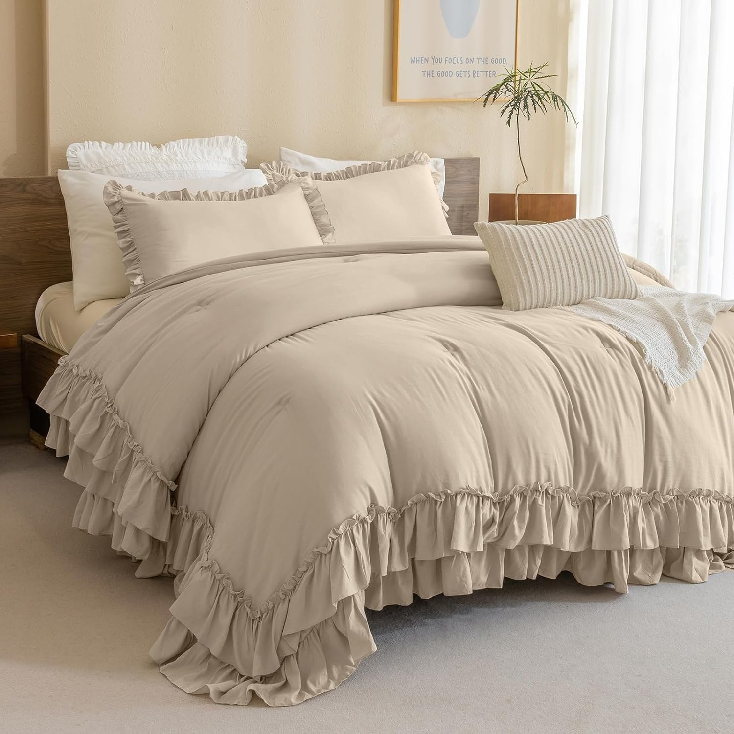 Masaca Ruffled Comforter Set Queen,3-Piece Farmhouse Shabby Boho Chic Bedding,Ultra Soft Linen Feel Textured Bed Comforter Set (1 Ruffle Comforter+2 Pillow Shams) image number 3