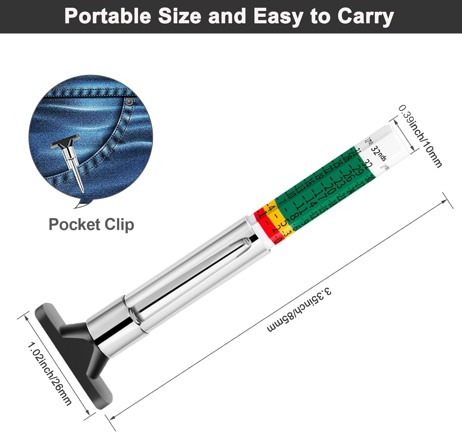 Tire Tread Depth Gauge,Tire Tread Gauge Color Coded,Tread Depth Gauge in 1/32 Inch(2 Pack) image number 4