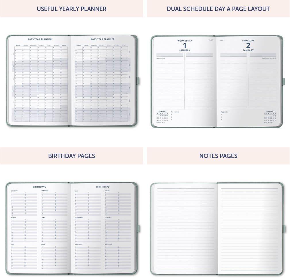 Busy B 2025 Dual Schedule Diary - A5 Sage Green Daily Planner with Two Schedules, Faux Leather Cover & Gold Foil - Work-Life Balance Organiser for Busy Professionals - Jan to Dec 2025 Diary image number 5