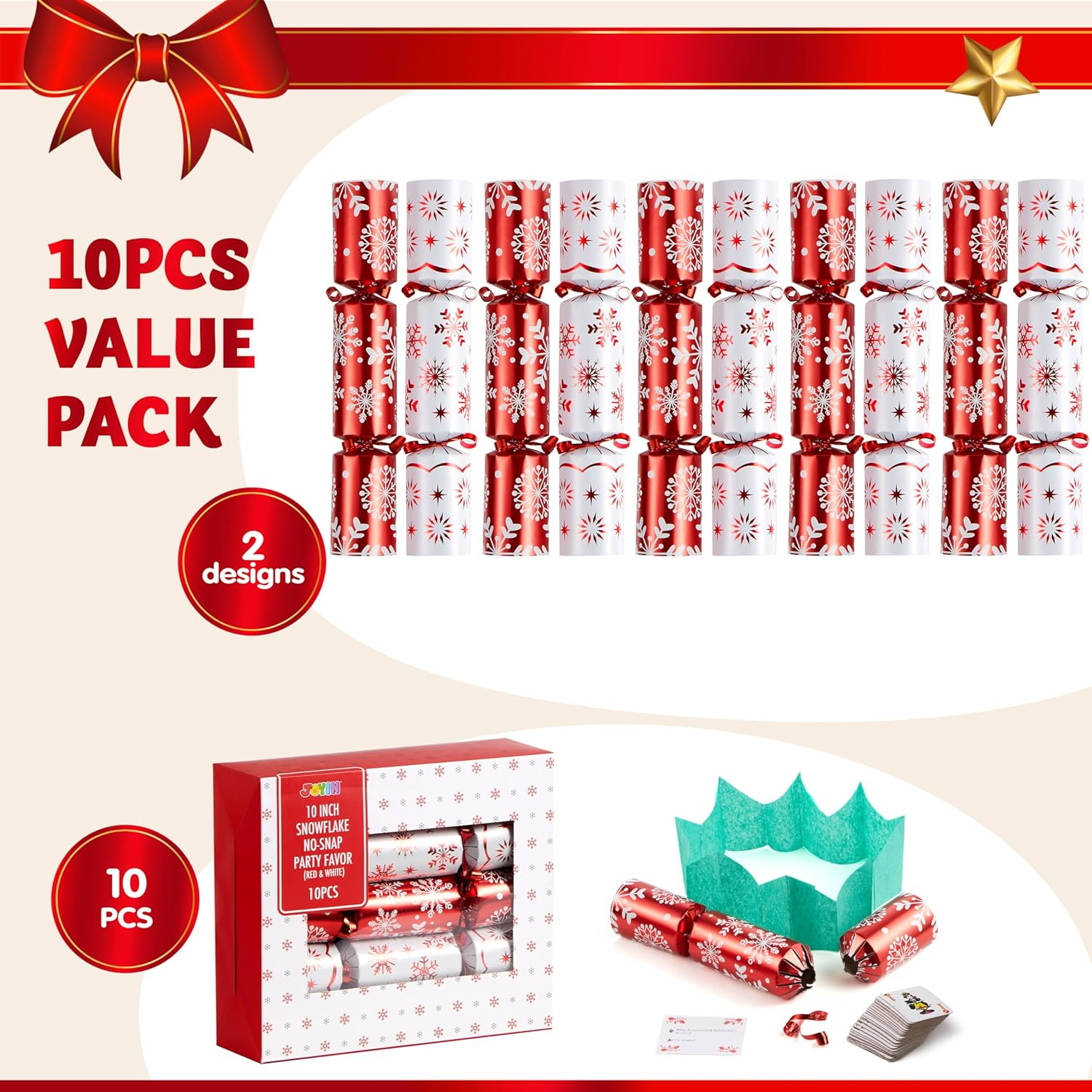 10&rdquo; Christmas No Snap No Popping Party Table Favor(10 Pack) with Red & White Snowflake Design, with Party Hat, Joke & Little Gift Inside, for Xmas Gift, Christmas Seasonal Holiday Dinner Traditions