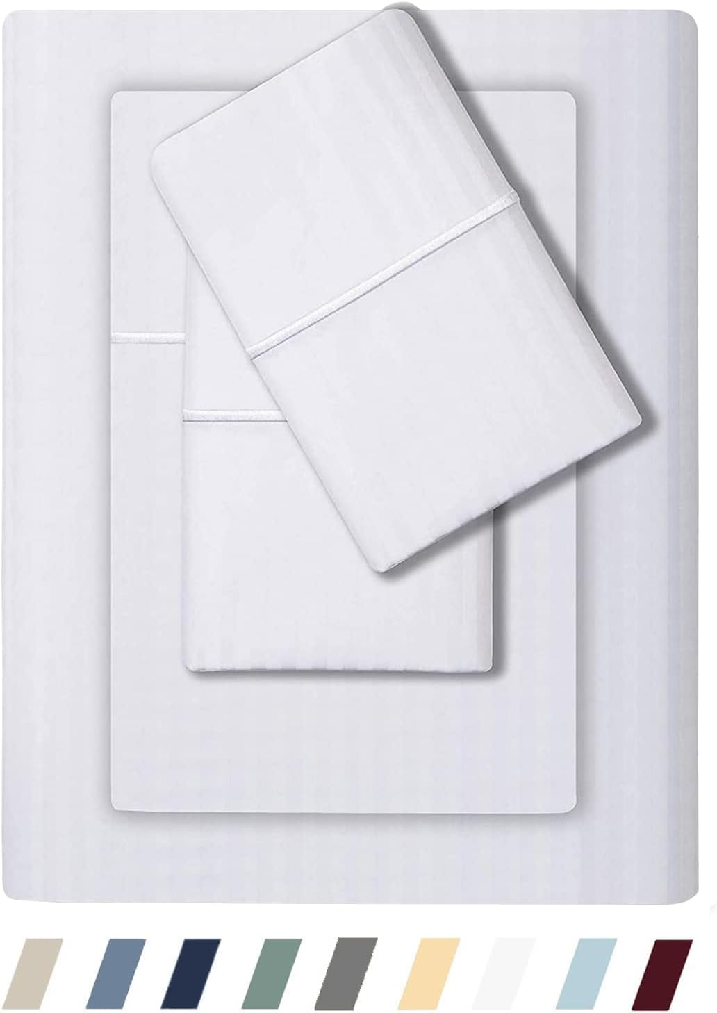 Feather & Stitch King Size Damask Bed Sheets|100% Soft Cotton Breathable Bedsheet Set of 4|18" Deep Pockets 500 TC Sateen Weave Striped Bedding Mattress Resort Hotel Luxury Decor|White image number 3