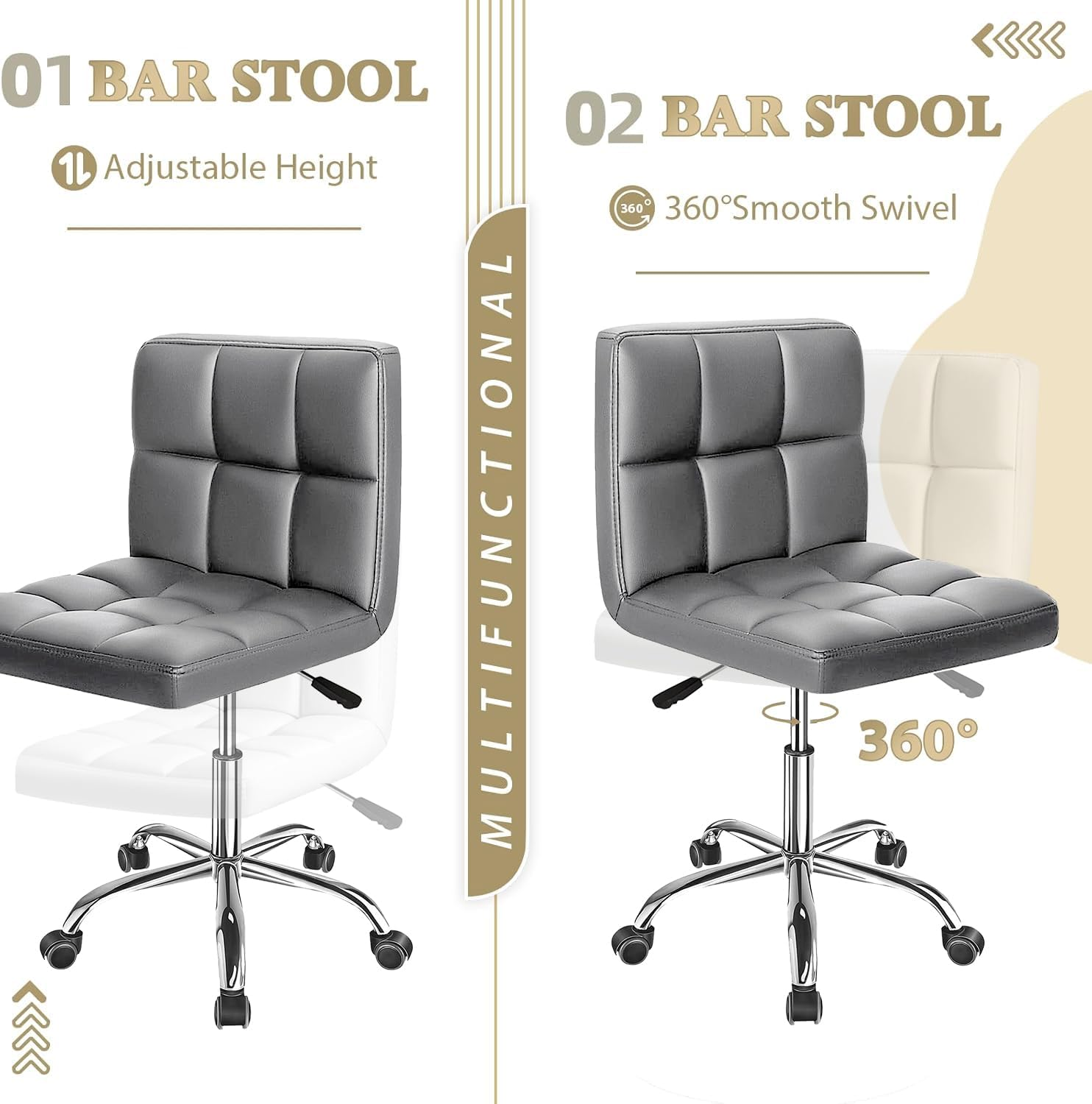 LIODUX Vanity Chair, PU Leather Makeup Armless Chair with Back, Ergonomic 360&deg; Rolling Swivel Stool, Adjustable Modern Height Vanity Stool, Salon Spa Stools with Wheels for Home Work Office (Grey) - Black image number 7