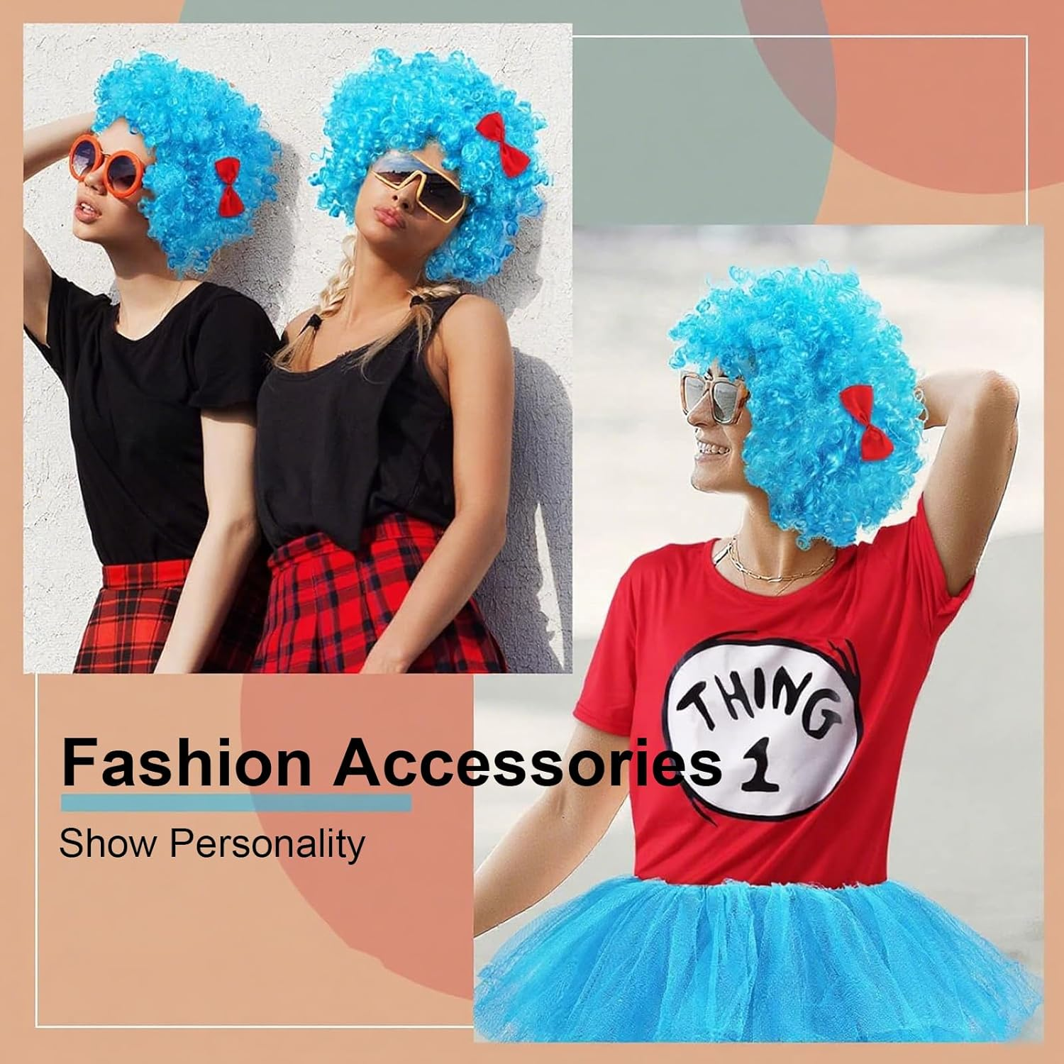 2 Pcs Blue Afro Wigs for Thing 1 & Thing 2 Cosplay &ndash; Curly Funky Costume Wig Set for Reading Week, Halloween, School Book Character Parade, Crazy Hair Day & Party Accessories image number 2