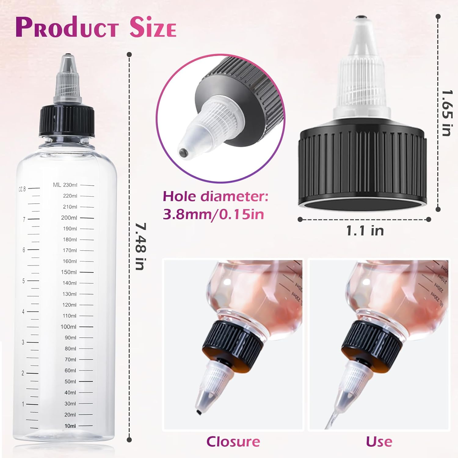 EXEXIUO 2Pcs Applicator Bottle for Hair 8.5Oz Empty Squeeze Hair Oiling Bottle Plastic Hair Color Dispenser Container for Scalp Root Dye Container with Clear Graduated Scale Twist-On Top Tip Cap image number 4