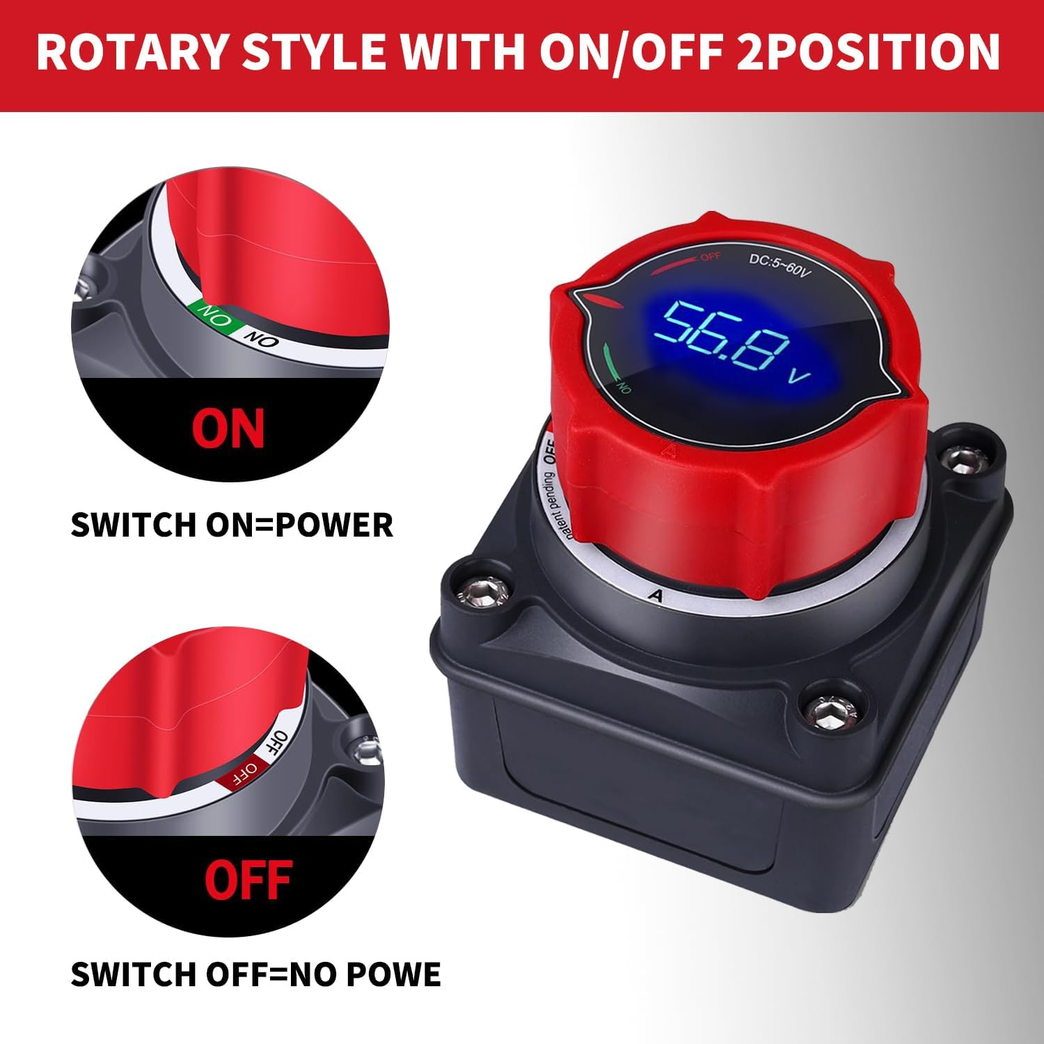 Upgrade Battery Disconnect Switch with Voltmeter, DC 5-60V Master Isolator Cut/Shut off Switch for Marine Boat Car Truck Camper RV Trailer Vehicles Engine Application (On/Off)