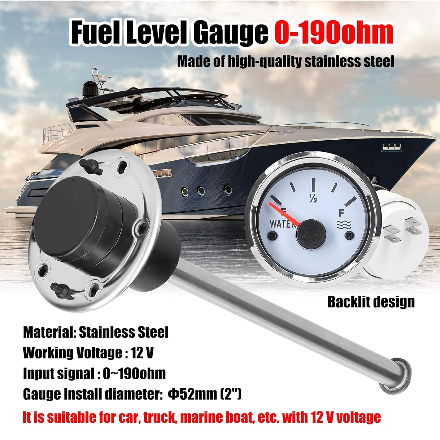 Tignapoo 52Mm Fuel Level Gauge 215Mm Stainless Steel Fuel Level Sensor Water Level Gauge Meter 0-190Ohm with Backlight for Car Truck Marine Boat 12 V image number 1