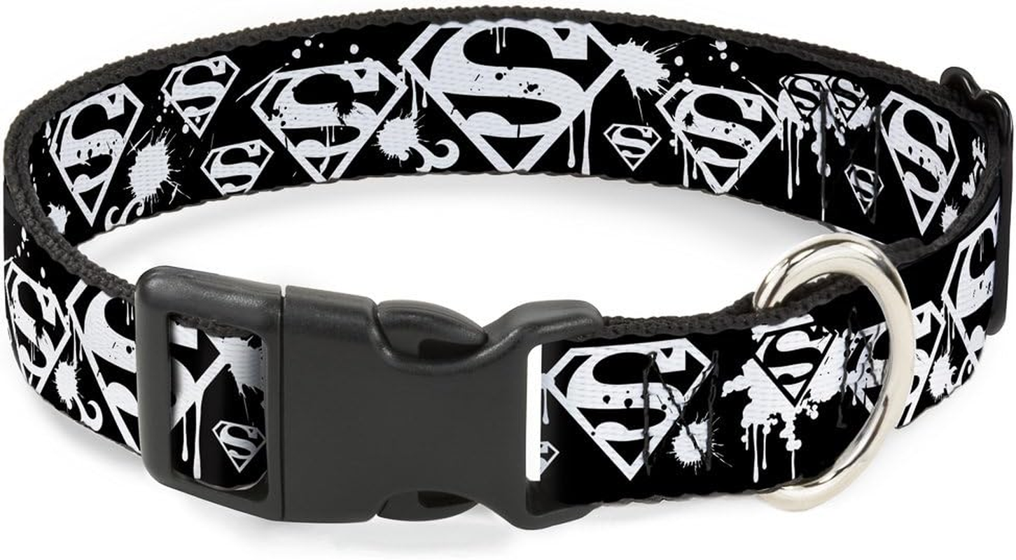 Buckle-Down Plastic Clip Dog Collar, Superman Shield Splatter Black/White, 18 to 32 Neck Size X 1.5 Inch Width image number 1