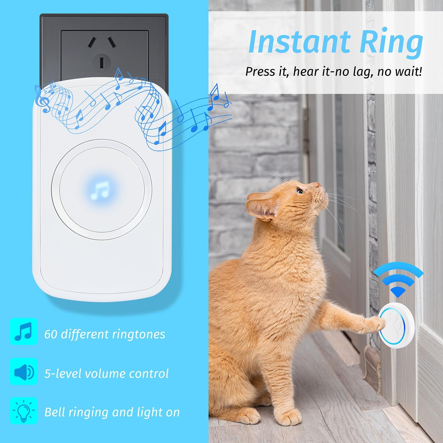 Dog Door Bell for Potty Training Wireless Doggie Doorbell to Go outside 1000FT Long Range Super-Light Touch Button 60 Chimes & 5 Adjustable Volume Levels IP55 Waterproof(1 Receiver+2 Button) image number 1