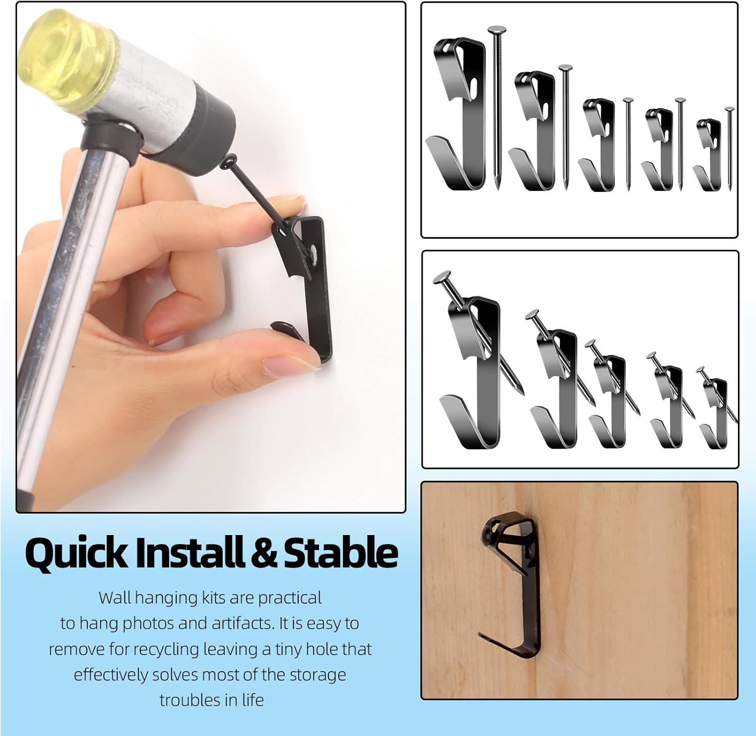 Glarks 75Pcs 10Lb/20Lb/30Lb/50Lb/100Lb Picture Hangers Hooks with Nails Kit, Black Picture Photo Hanging Hooks with Nails, Picture Hanging Kit for Frame, Painting, Art, Photo