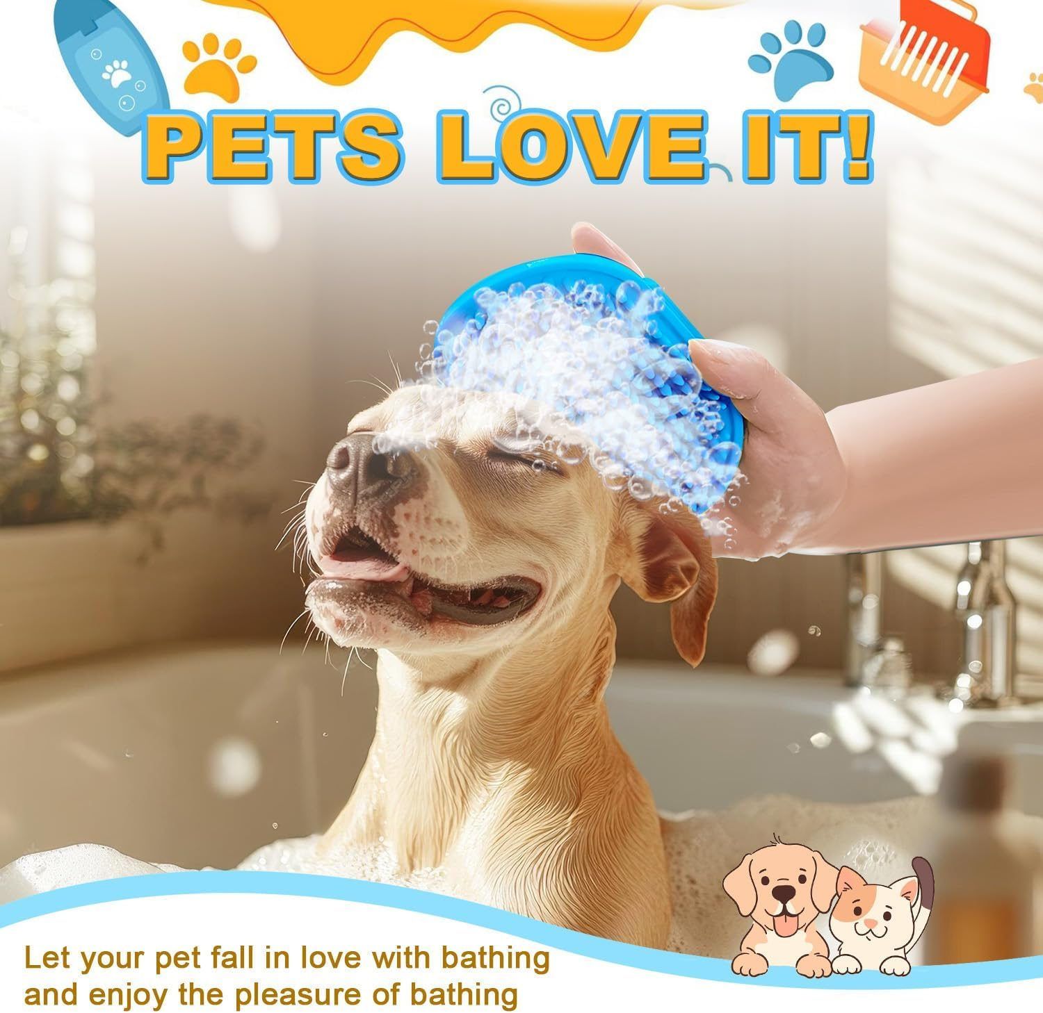3Pcs Dog Bath Brush Set - Shampoo Brush & Bubble Maker with Adjustable Handle, Paw Washer & Massage Grooming Tool for Short/Long Hair Dogs & Cats (Blue Yellow Green) image number 5