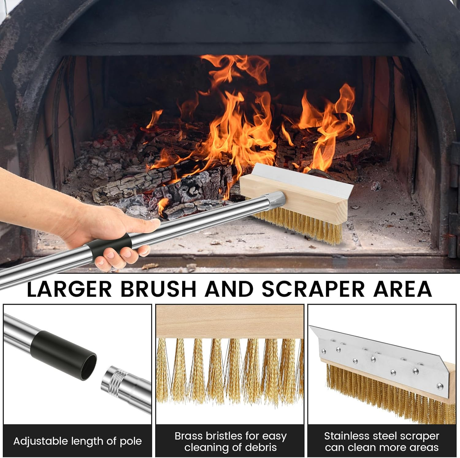 Pizza Oven Brush, with Scraper, Non Scratch Heat Proof Brass Bristles, Practical Grill Cleaner Tool with Long Handle Portable, Outdoor Pizza Oven Accessory, for Commercial Cleaning Kitchens