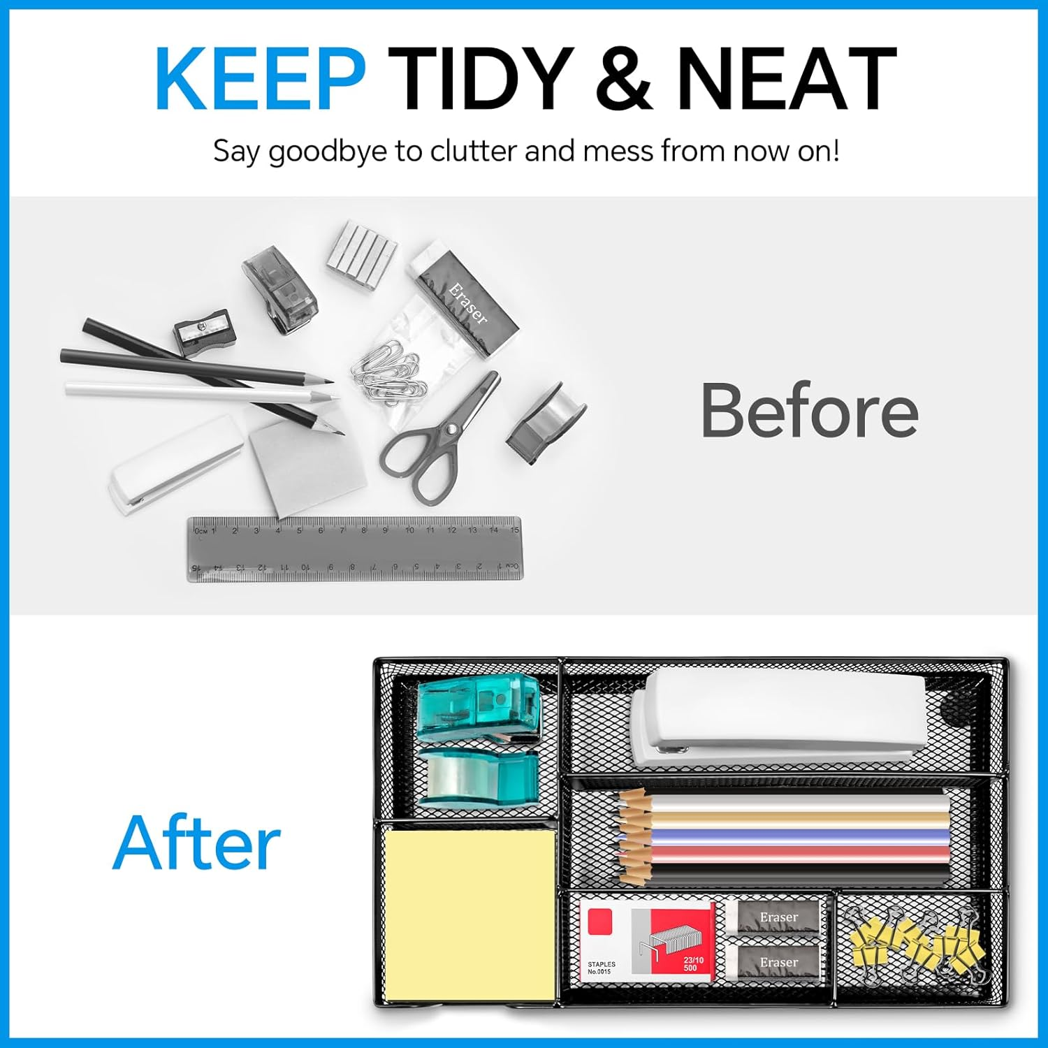 Desk Drawer Organizer, Office Drawer Divider Organizer Tray with 6 Compartments, Metal Mesh Desktop Organization and Accessories for Stationery Makeup Kitchen Toolroom School ＆ Office, 11X6.1X1.38 In image number 5