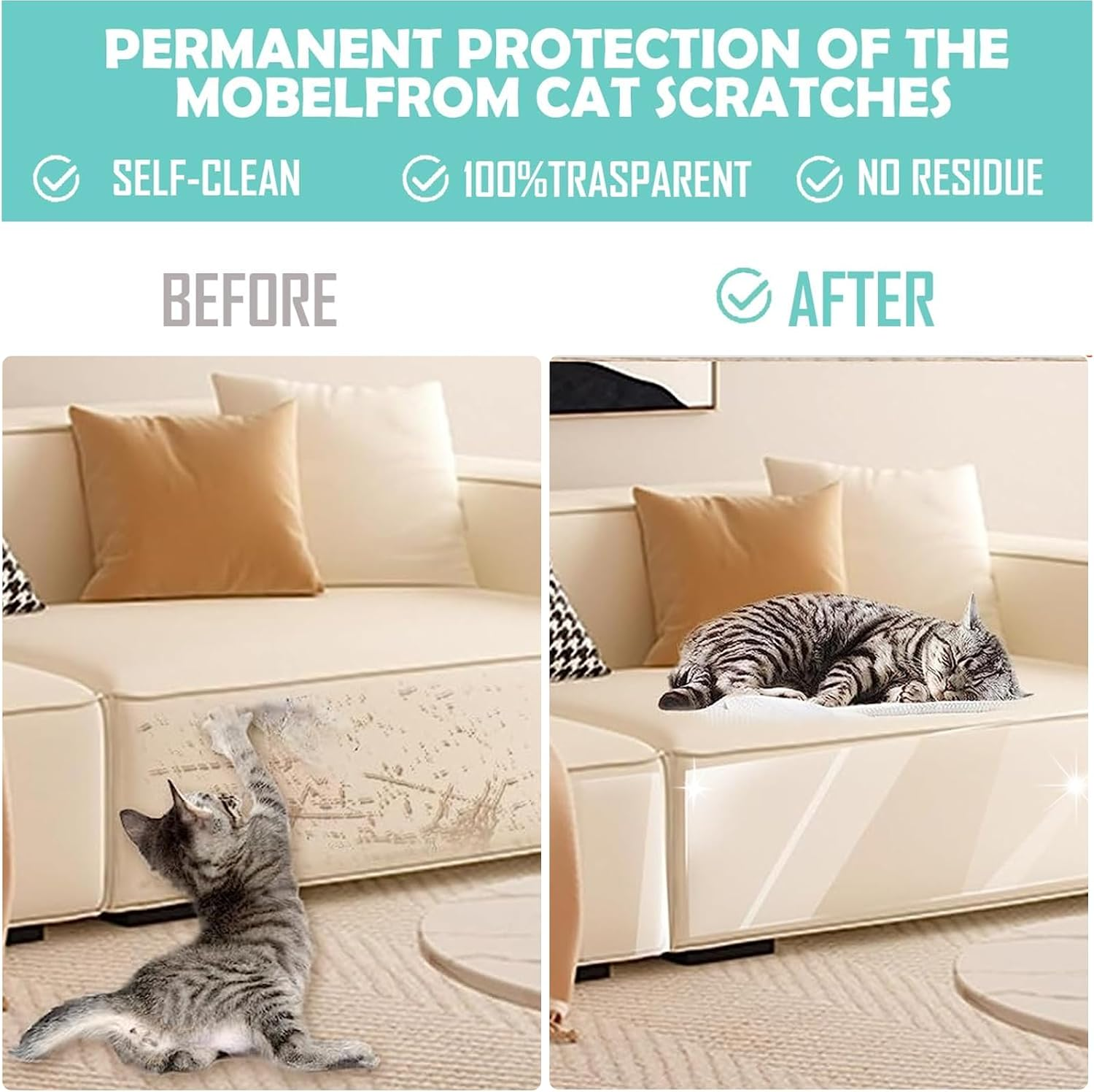 Bed Scratch Protection Cat Scratch Protection Film 20 Cm X 5 M anti Scratch Film, Scratch Protection Film, Scratch Protection Sofa Cat Tape for Furniture, Couch, Door, Wall, Scratch Repellent From image number 2