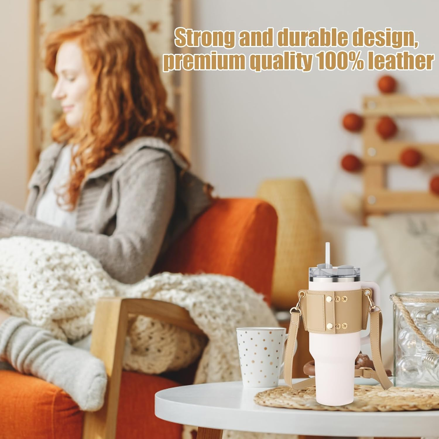 PEUTIER Water Bottle Holder with Strap for Stanley Cup, Adjustable Leather Carrier Strap Water Bottle Bag Compatible with Stanley 40Oz & 30Oz Tumbler with Handle(Apricot) - Apricot image number 6