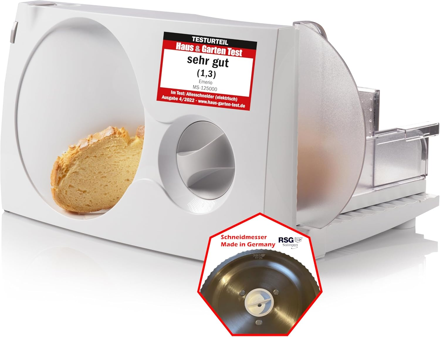 Emerio MS-125000 All-Purpose Slicer, Stainless Steel Knife Unit Made in Germany, Adjustable 0-17 Mm, Bpa-Free, Space-Saving, Foldable, with Safety Switch, Eco 100 Watt, White