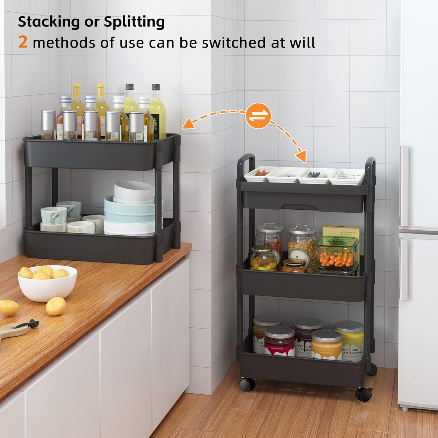 FORYUSE 3 Tier Rolling Utility Cart with Drawer Detachable Storage Organiser Shelf Trolley with Lockable Wheels, Handle, Hooks, Hanging Cups for Bathroom Kitchen Black image number 2