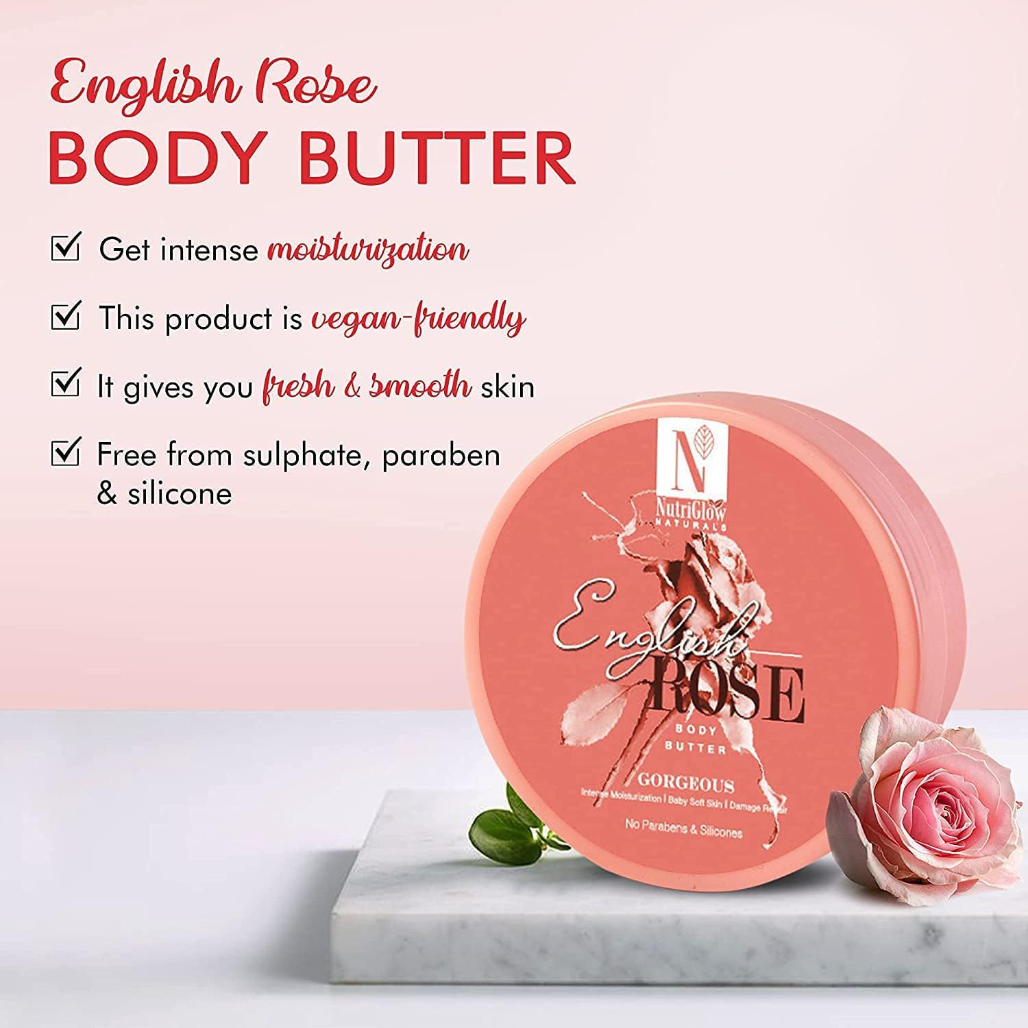 NUTRIGLOW Natural'S English Rose Body Butter Cream with Rose Extracts, Deep Nourishing, Moisturizing Healthy Glowing Skin, Anti-Aging Dark Spots & Skin Treatment 200Gm image number 2