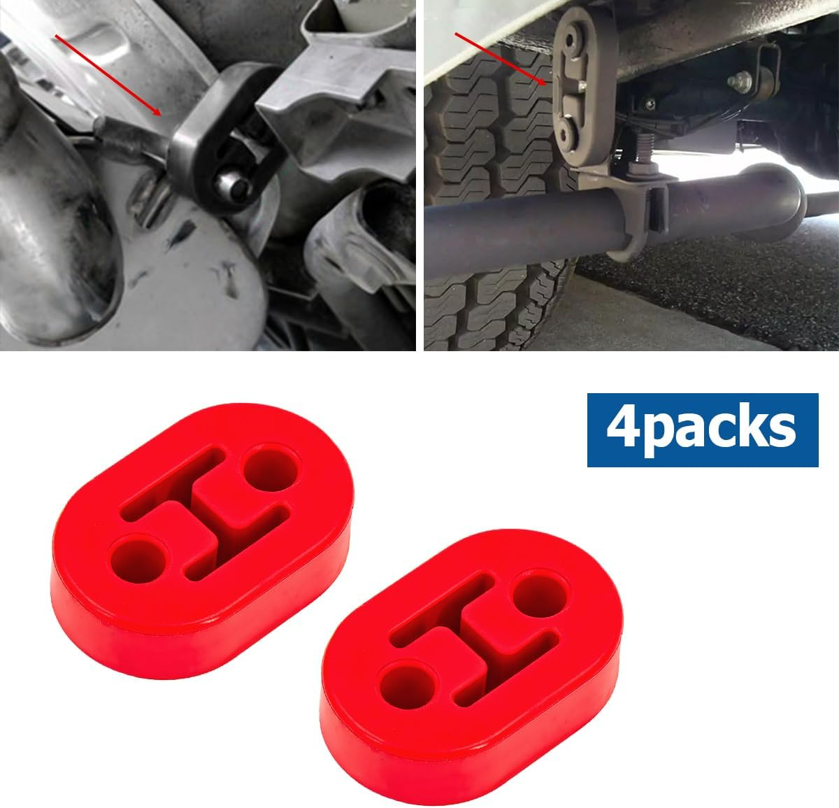 Mandark 4PCS Car Rubber Exhaust Hanger, 2 Holes Adjustable Auto Tail Pipe Muffler Insulator Bushing Mount, Vehicle Exhaust System Muffler Bracket Accessories, Universal for Vehicles (Red) image number 1