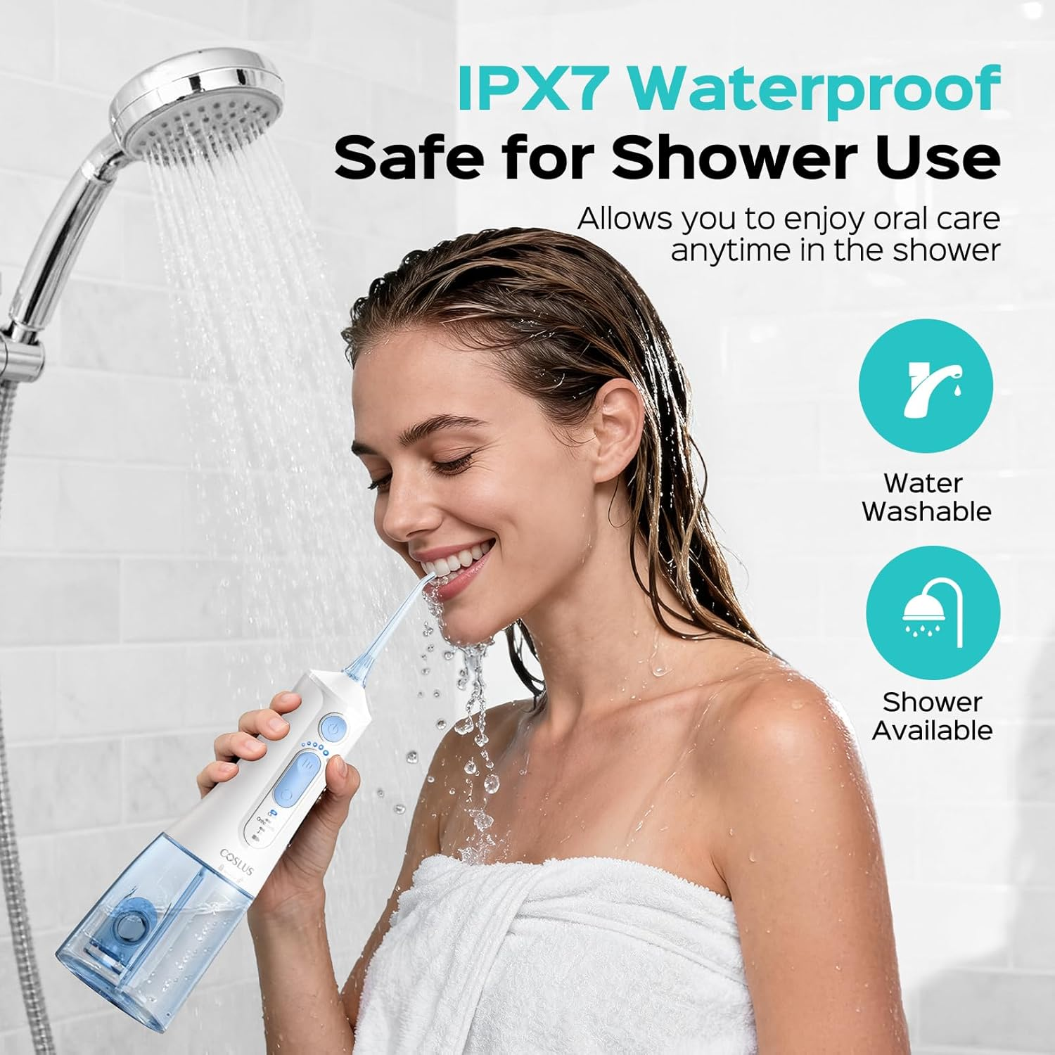 COSLUS Portable Water Flosser for Teeth: 3 Modes & 6 Pressure Settings Oral Irrigator with Jet Mode for Braces & Sensitive Gums, Compact for Travel, 300ML Tank for Multiple Users, Bpa-Free, White, C51 - White image number 3