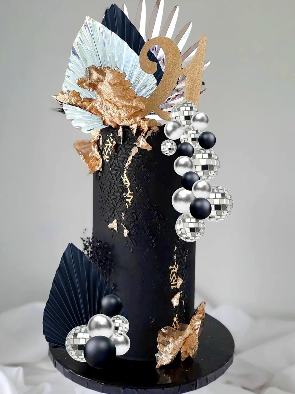 Jevenis Black Sliver Disco Balls Cake Decoration Silver Palm Leaves Cake Decoration Stars Cake Decoration 70S Party Supplies 70S Birthday Cake Decoration Disco Bachelorette Party Supplies