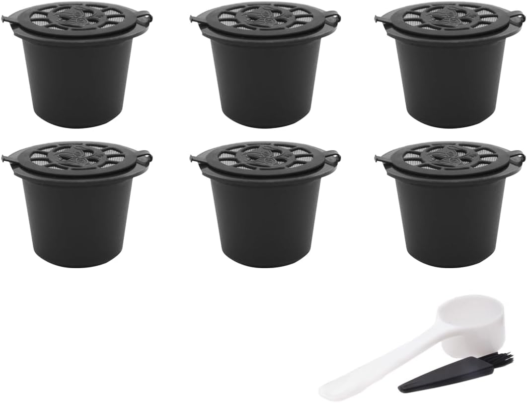 AIMALL 6PCS Reusable Coffee Capsule Pods for Nespresso Machines, Compatible with Nestle Nespresso, Food-Grade PP with 304 Stainless Steel Filter, Includes Spoon & Brush