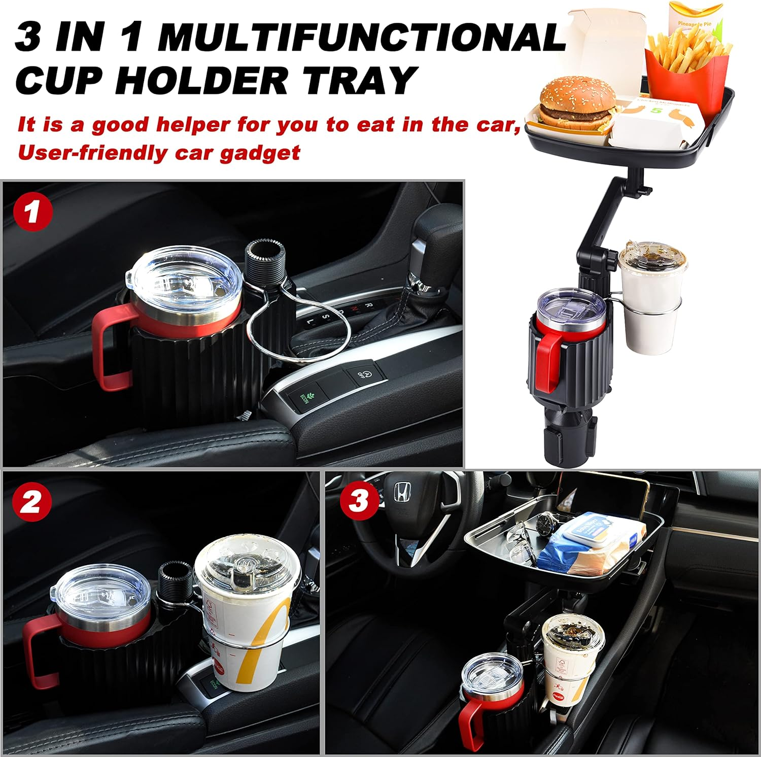 Expandable Car Food Table Tray - 3 in 1 Cup Holder Expander, Fits 12-40 Oz - Road Trip Essentials, Car Travel Accessories image number 1