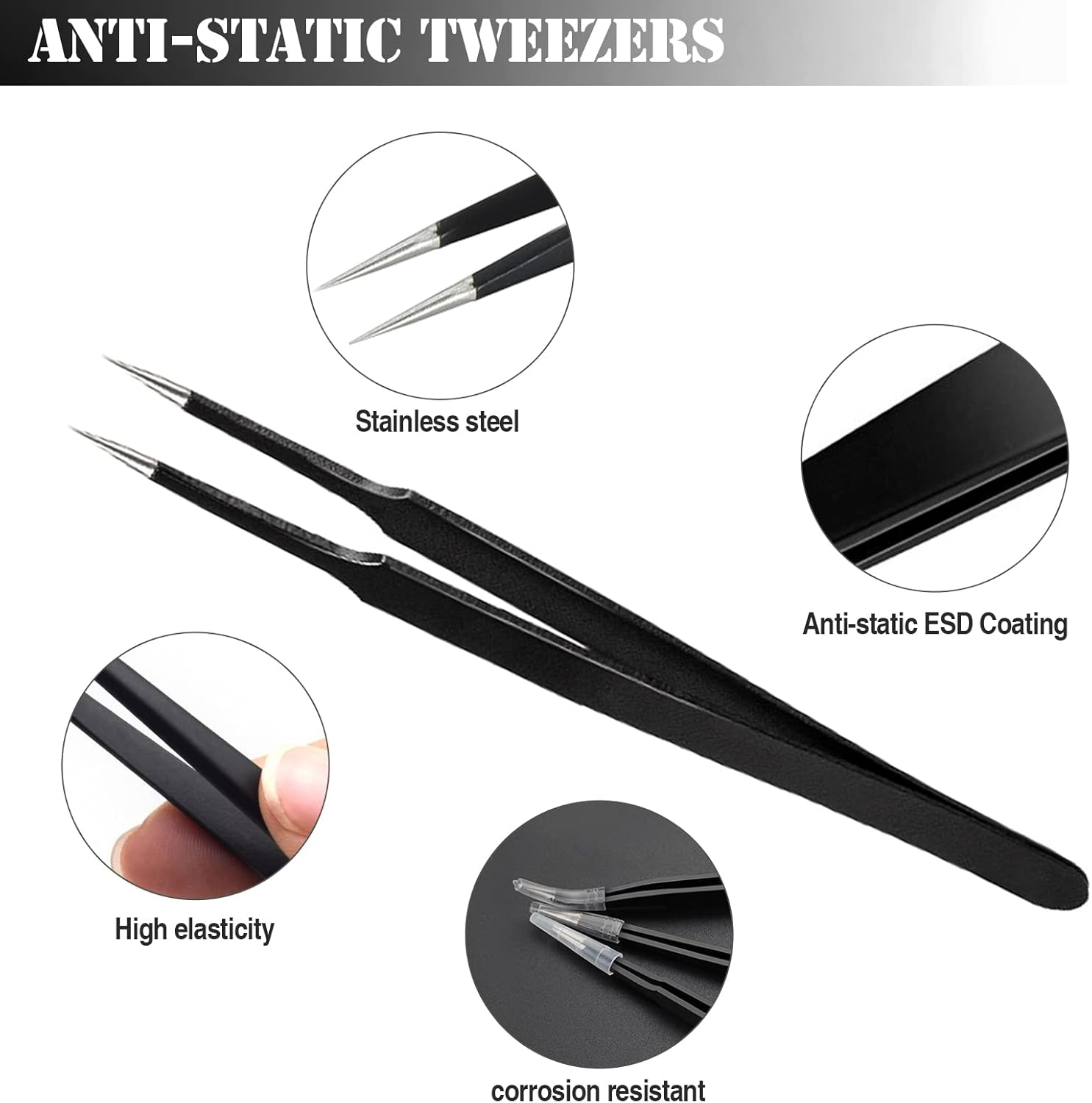 XINDA 3Pcs Anti-Static Precision Tweezers Set Modelling Tweezers for Crafting Include Needle Nose Thin Curved Tweezers for Electronic Repair, Handicraft, Laboratory, Jewelry Manufacturing Etc image number 6